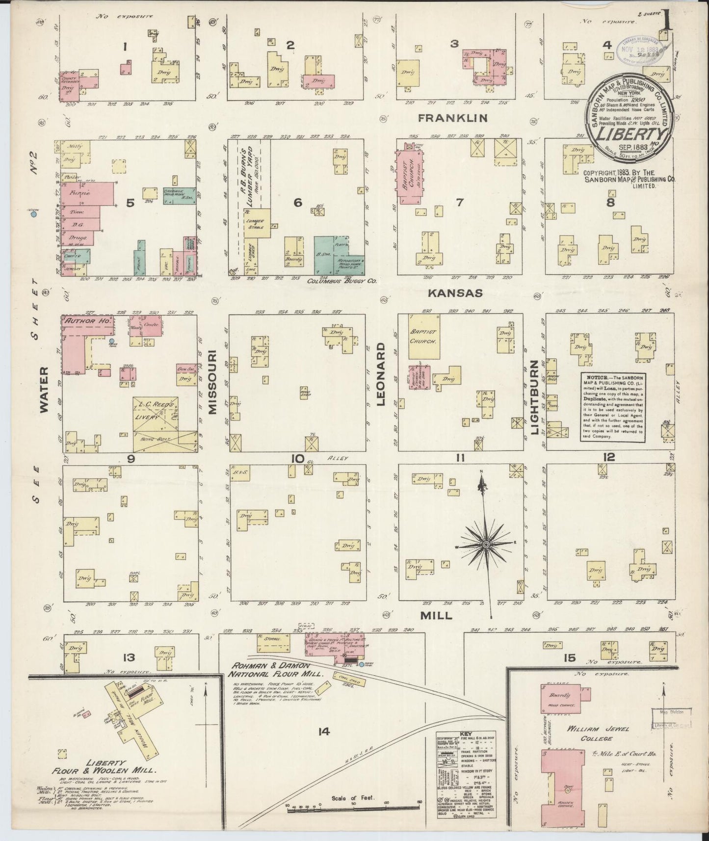 Sanborn Fire Insurance Map from Liberty, Clay County, Missouri (1883), Sheet #0001 - Historic Sanborn Fire Insurance Map Print, vintage old map wall art, antique decor, genealogy gift, Missouri Missouri map