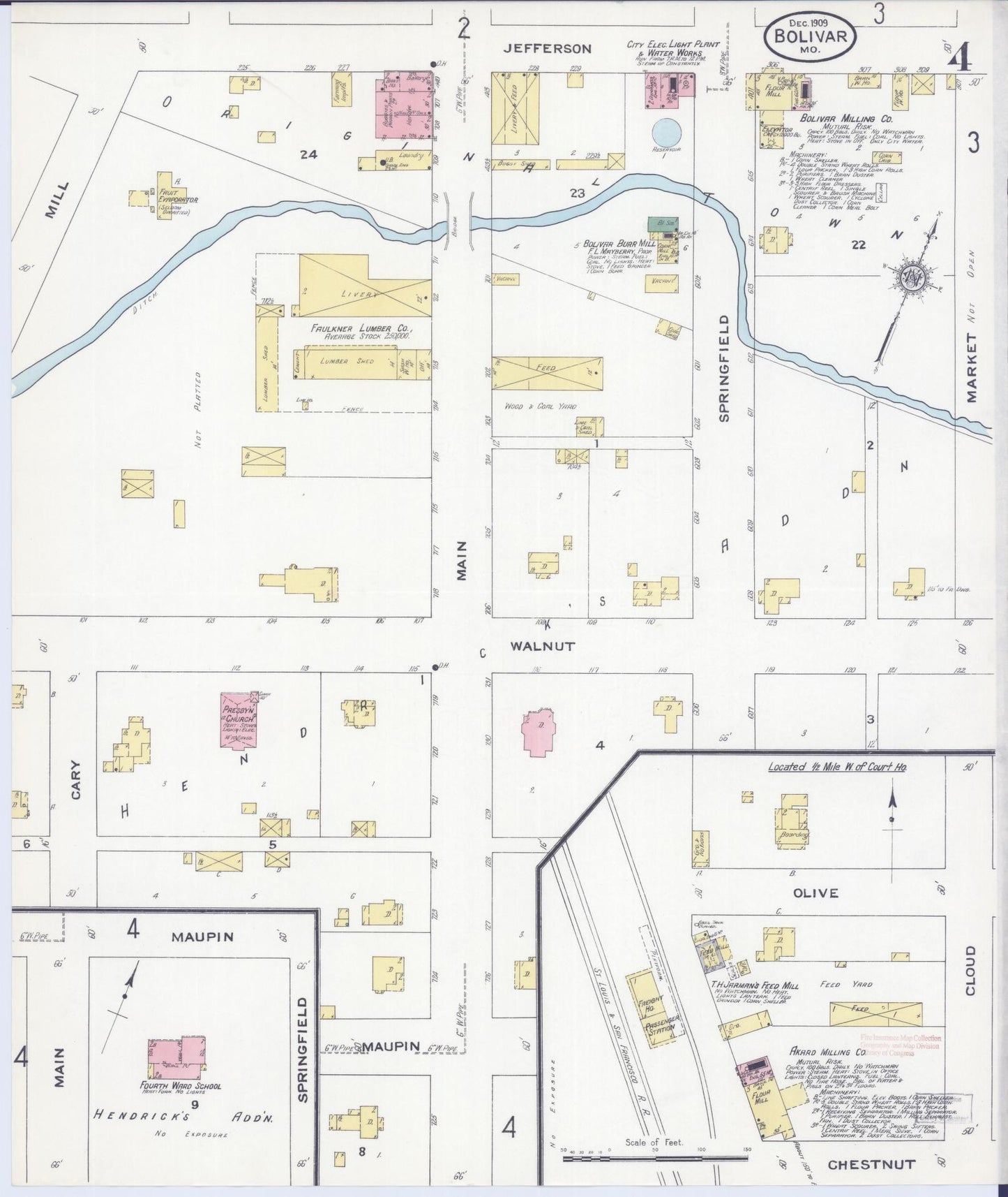 Sanborn Fire Insurance Map from Bolivar, Polk County, Missouri (1909), Sheet #0004 - Historic Sanborn Fire Insurance Map Print, vintage old map wall art, antique decor, genealogy gift, Missouri Missouri map