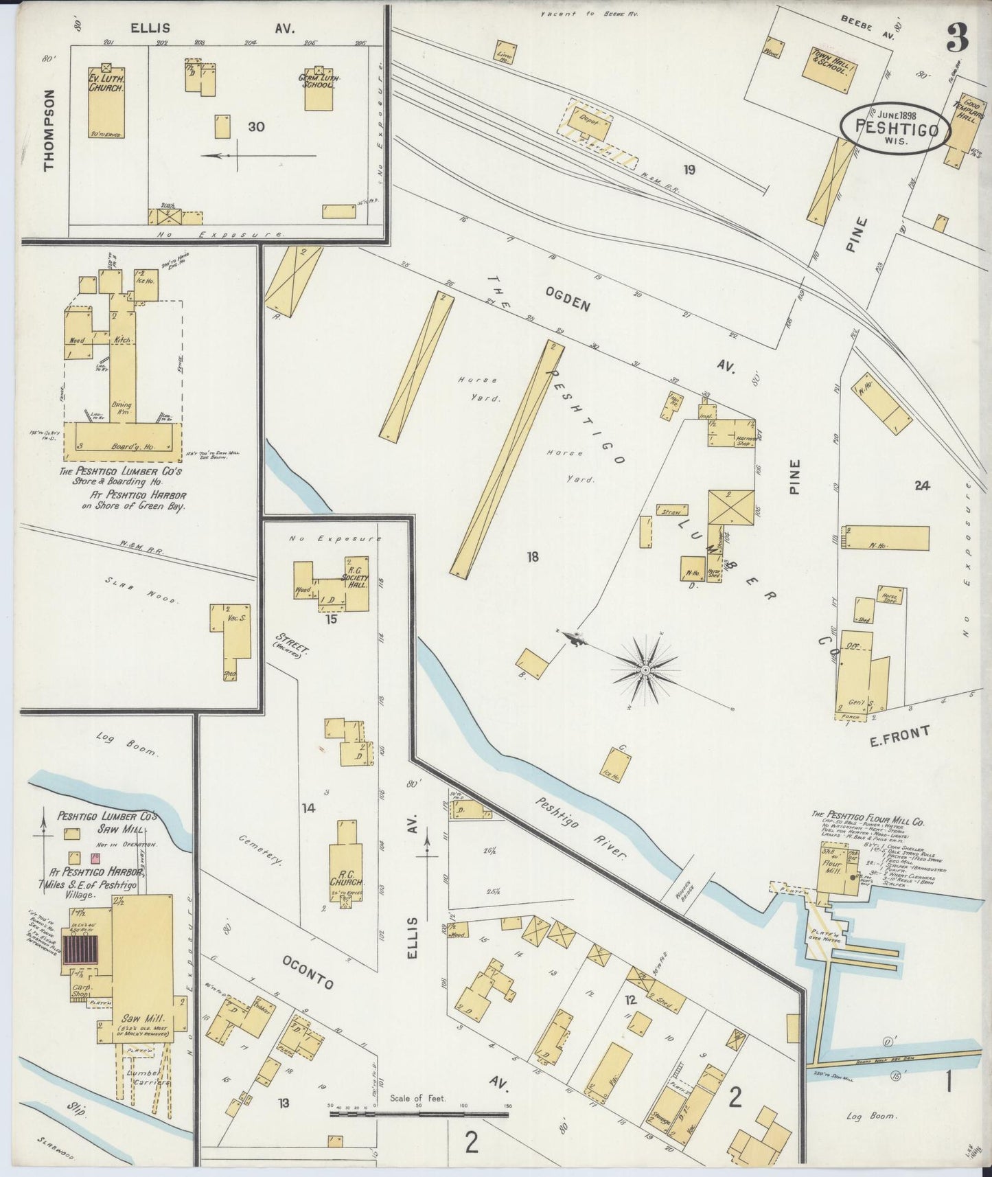Sanborn Fire Insurance Map from Peshtigo, Marinette County, Wisconsin (1898), Sheet #0003 - Historic Sanborn Fire Insurance Map Print, vintage old map wall art, antique decor, genealogy gift, Wisconsin Wisconsin map