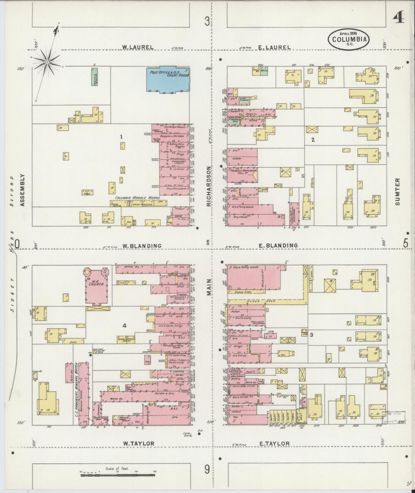 Sanborn Fire Insurance Map from Columbia, Richland County, South Carolina (1898), Sheet #0004 - Historic Sanborn Fire Insurance Map Print, vintage old map wall art, antique decor, genealogy gift, South Carolina South Carolina map
