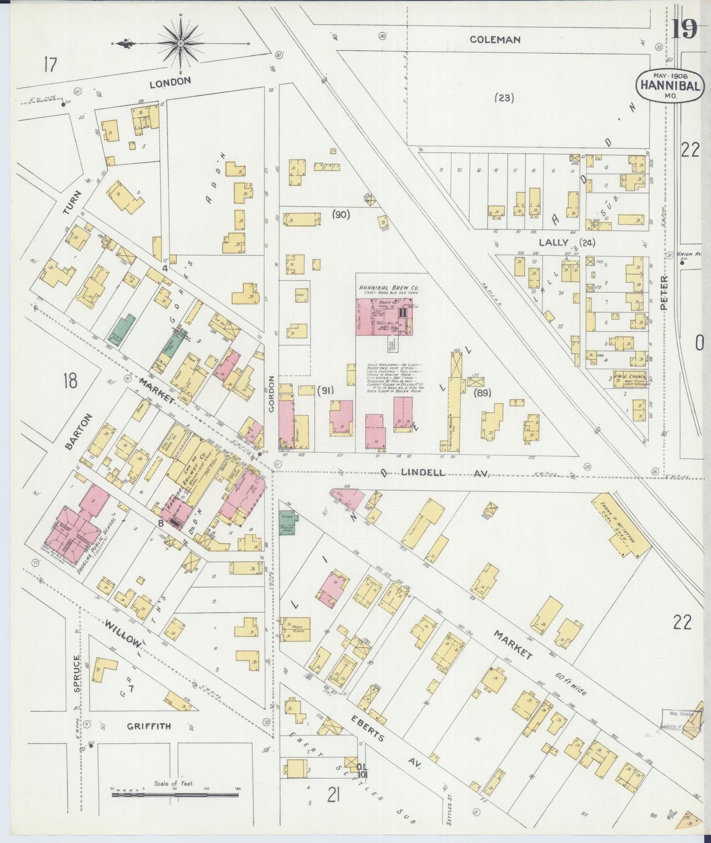 Sanborn Fire Insurance Map from Hannibal, Marion County, Missouri (1906), Sheet #0019 - Historic Sanborn Fire Insurance Map Print, vintage old map wall art, antique decor, genealogy gift, Missouri Missouri map