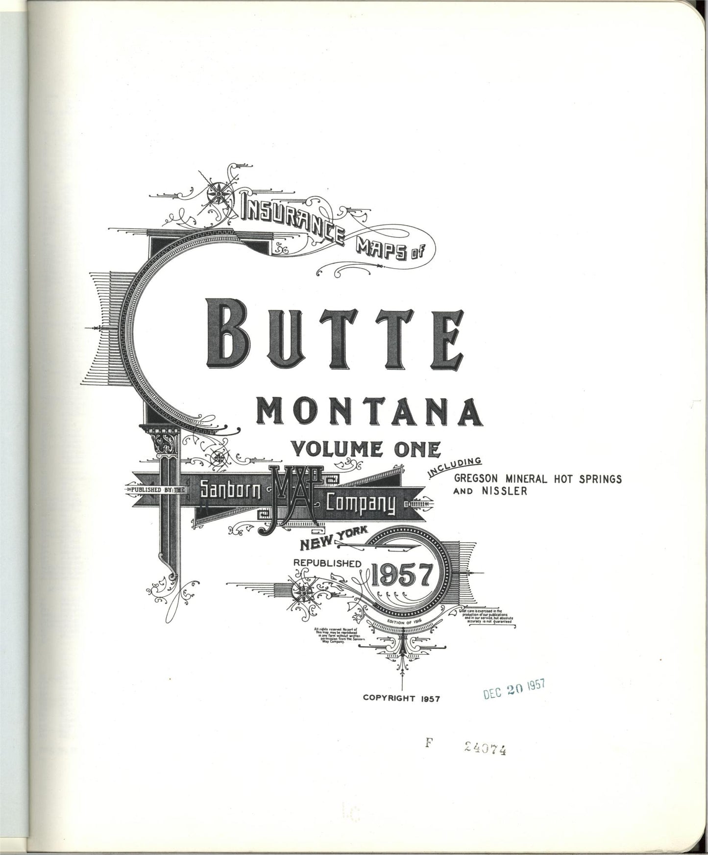 Sanborn Fire Insurance Map from Butte, Silver Bow County, Montana (1957), Sheet #0001 - Complete Map Set gallery image, historic Sanborn map, vintage wall art, Montana Montana