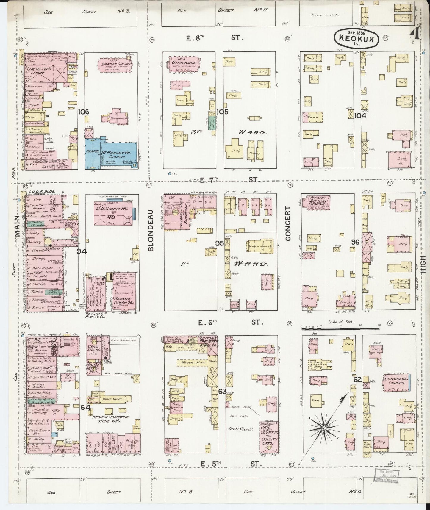 Sanborn Fire Insurance Map from Keokuk, Lee County, Iowa (1888), Sheet #0004 - Historic Sanborn Fire Insurance Map Print, vintage old map wall art