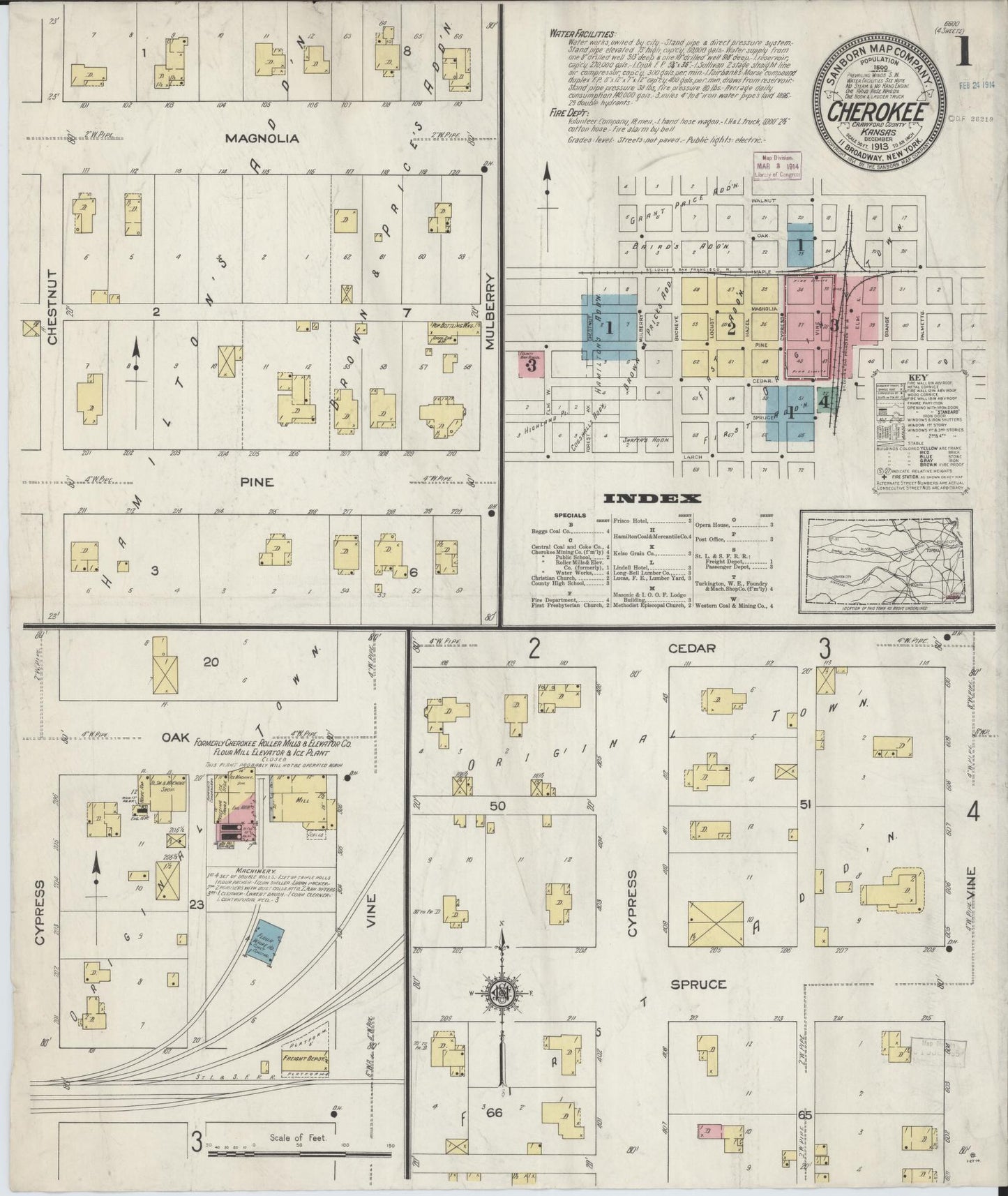 Sanborn Fire Insurance Map from Cherokee, Crawford County, Kansas (1913), Sheet #0001 - Historic Sanborn Fire Insurance Map Print, vintage old map wall art, antique decor, genealogy gift, Kansas Kansas map
