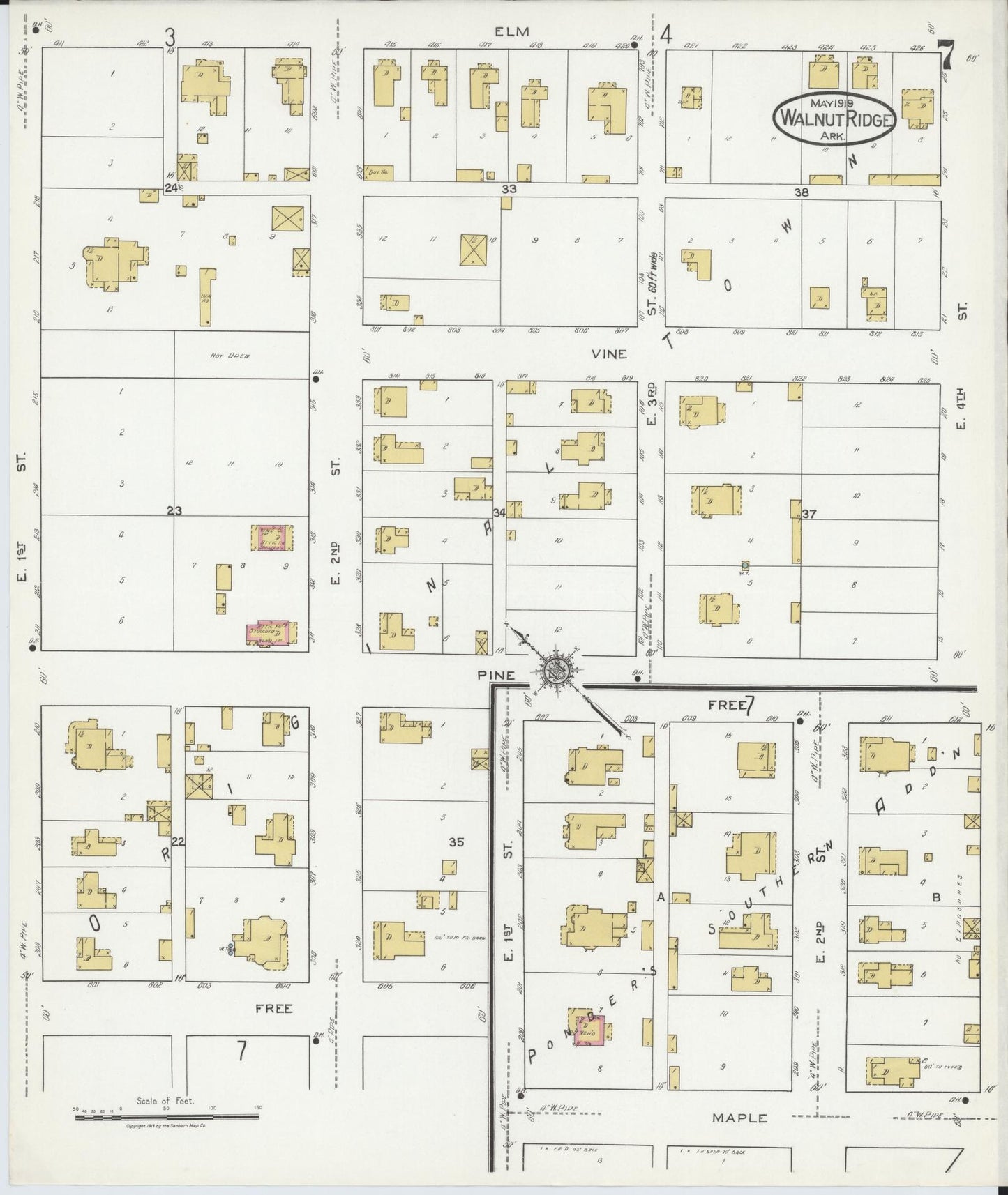 Sanborn Fire Insurance Map from Walnut Ridge, Lawrence County, Arkansas (1919), Sheet #0007 - Historic Sanborn Fire Insurance Map Print, vintage old map wall art, antique decor, genealogy gift, Arkansas Arkansas map
