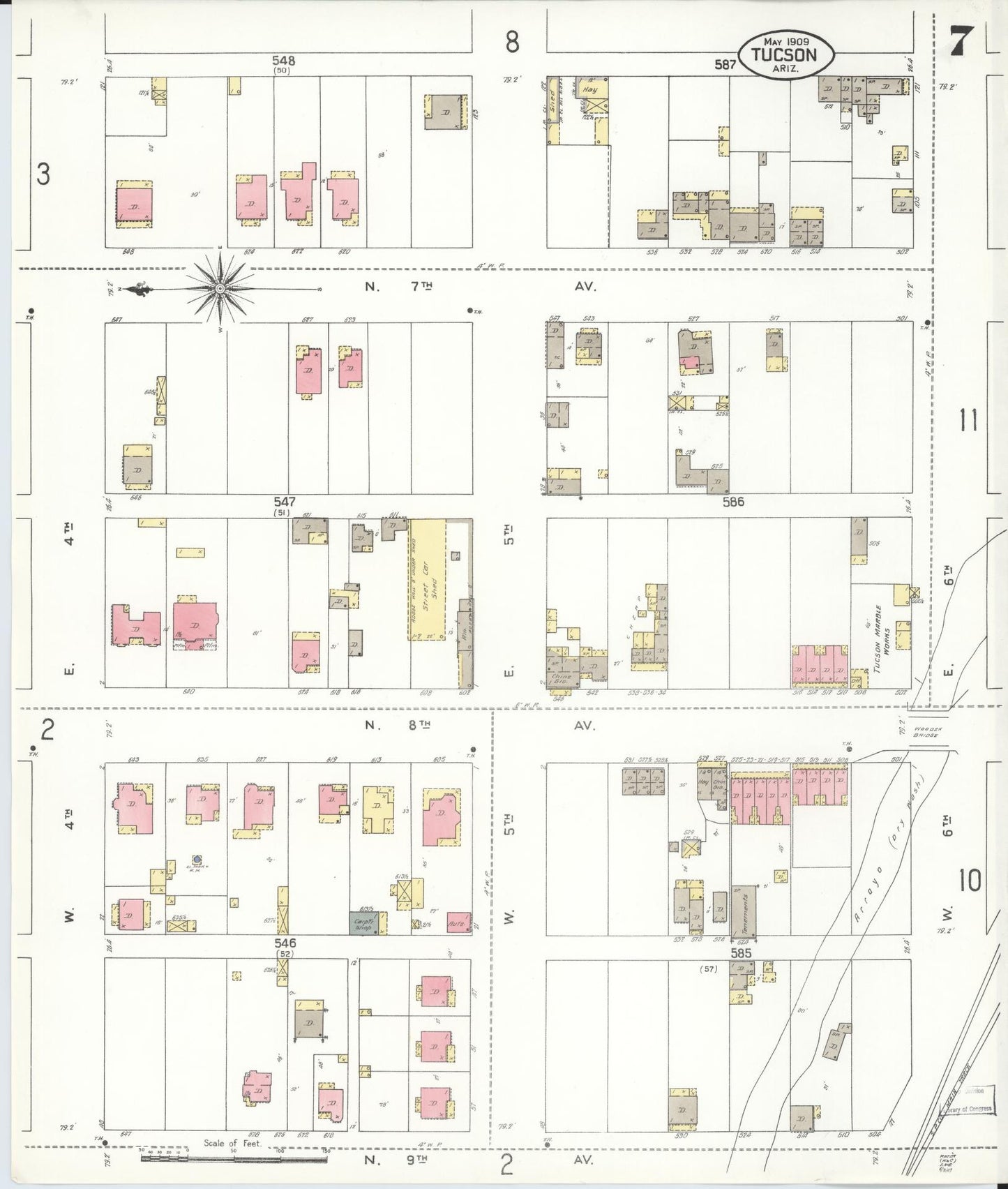 Sanborn Fire Insurance Map from Tucson, Pima County, Arizona (1909), Sheet #0007 - Historic Sanborn Fire Insurance Map Print, vintage old map wall art, antique decor, genealogy gift, Arizona Arizona map