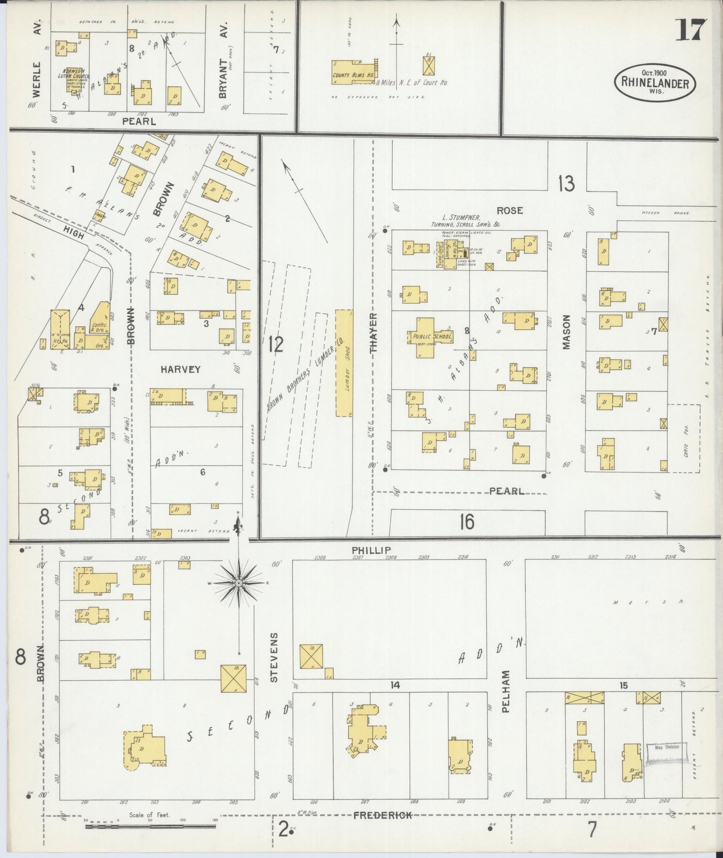Sanborn Fire Insurance Map from Rhinelander, Oneida County, Wisconsin (1900), Sheet #0017 - Historic Sanborn Fire Insurance Map Print, vintage old map wall art, antique decor, genealogy gift, Wisconsin Wisconsin map