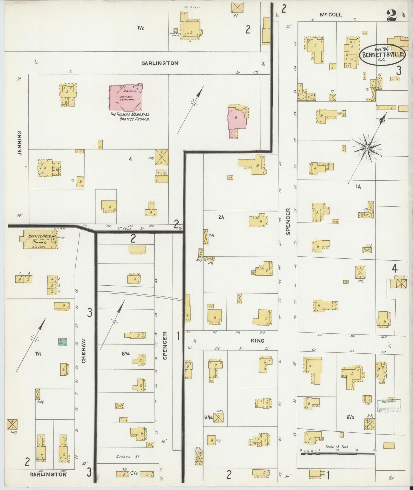 Sanborn Fire Insurance Map from Bennettsville, Marlboro County, South Carolina (1906), Sheet #0002 - Historic Sanborn Fire Insurance Map Print, vintage old map wall art, antique decor, genealogy gift, South Carolina South Carolina map