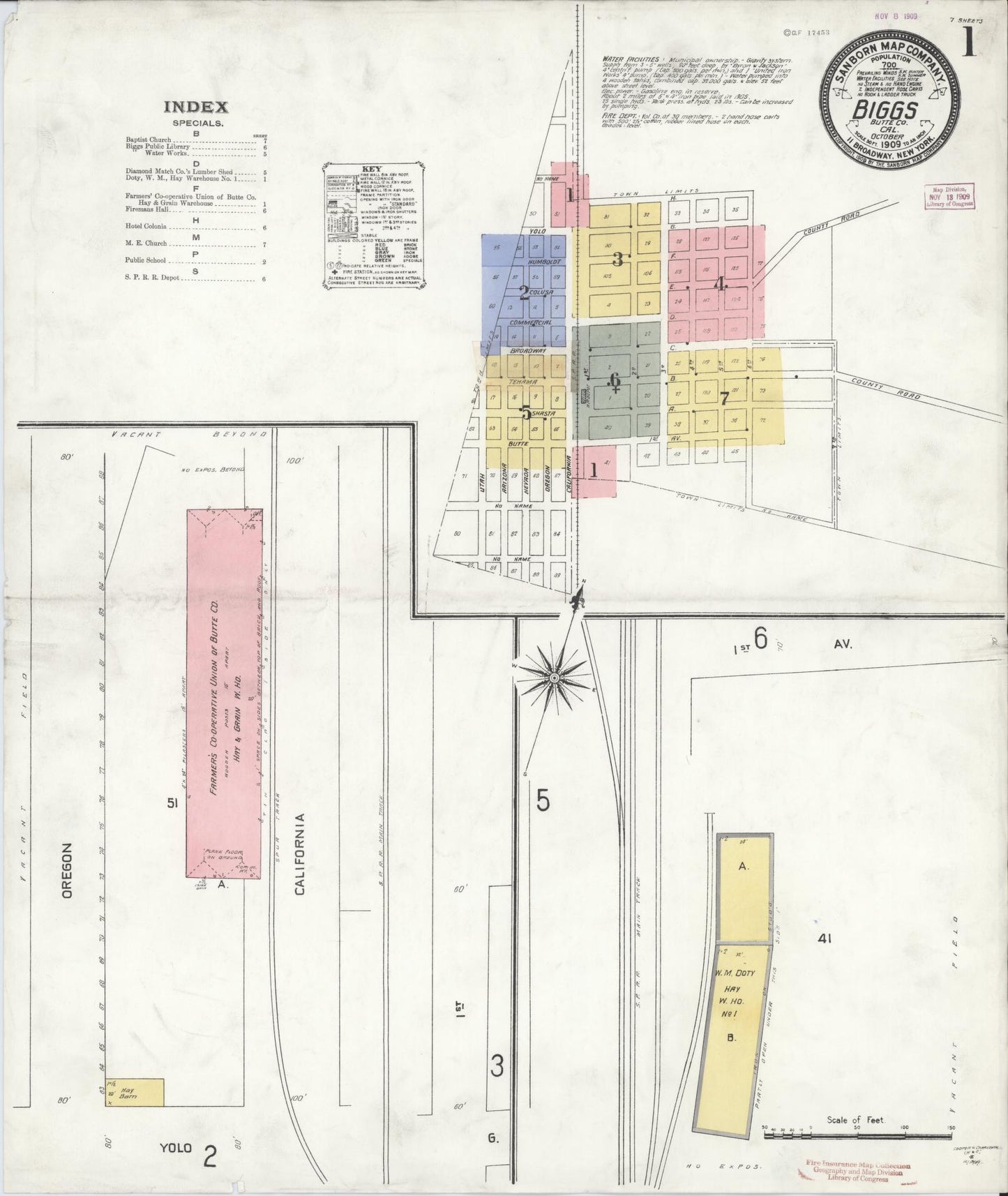 Sanborn Fire Insurance Map from Biggs, Butte County, California (1909), Sheet #0001 - Historic Sanborn Fire Insurance Map Print, vintage old map wall art, antique decor, genealogy gift, California California map