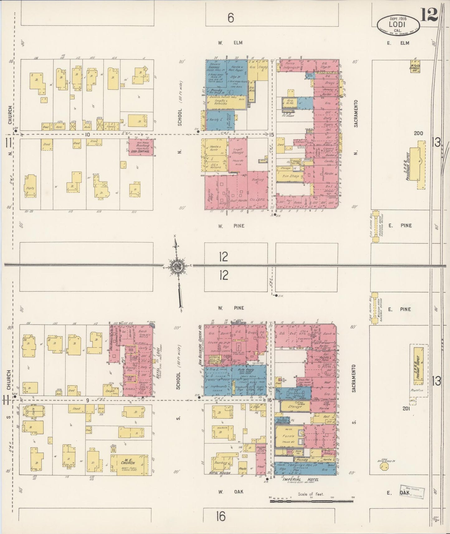 Sanborn Fire Insurance Map from Lodi, San Joaquin County, California (1916), Sheet #0012 - Historic Sanborn Fire Insurance Map Print, vintage old map wall art, antique decor, genealogy gift, California California map