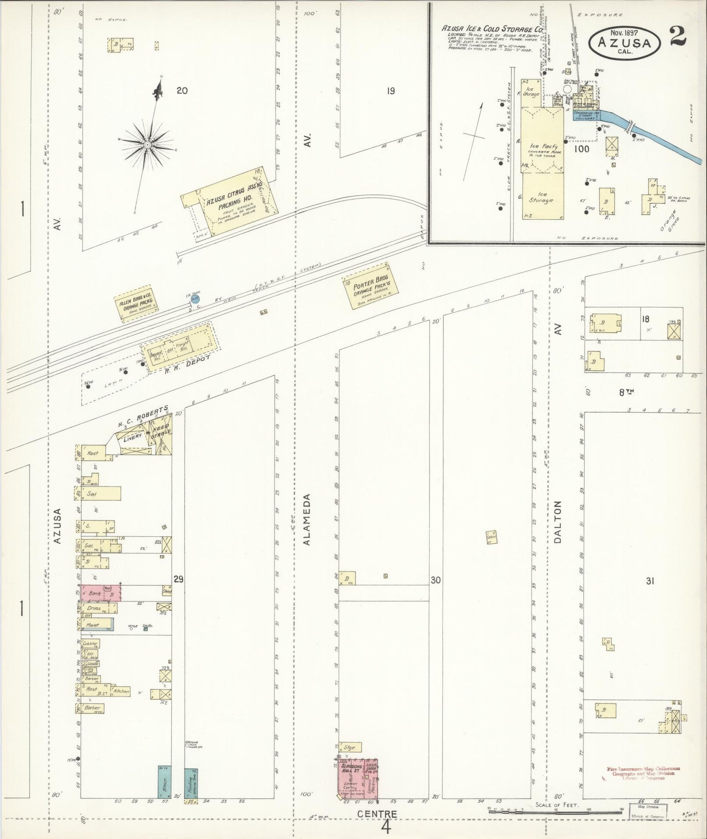 Sanborn Fire Insurance Map from Azusa, Los Angeles County, California (1897), Sheet #0002 - Historic Sanborn Fire Insurance Map Print, vintage old map wall art, antique decor, genealogy gift, California California map