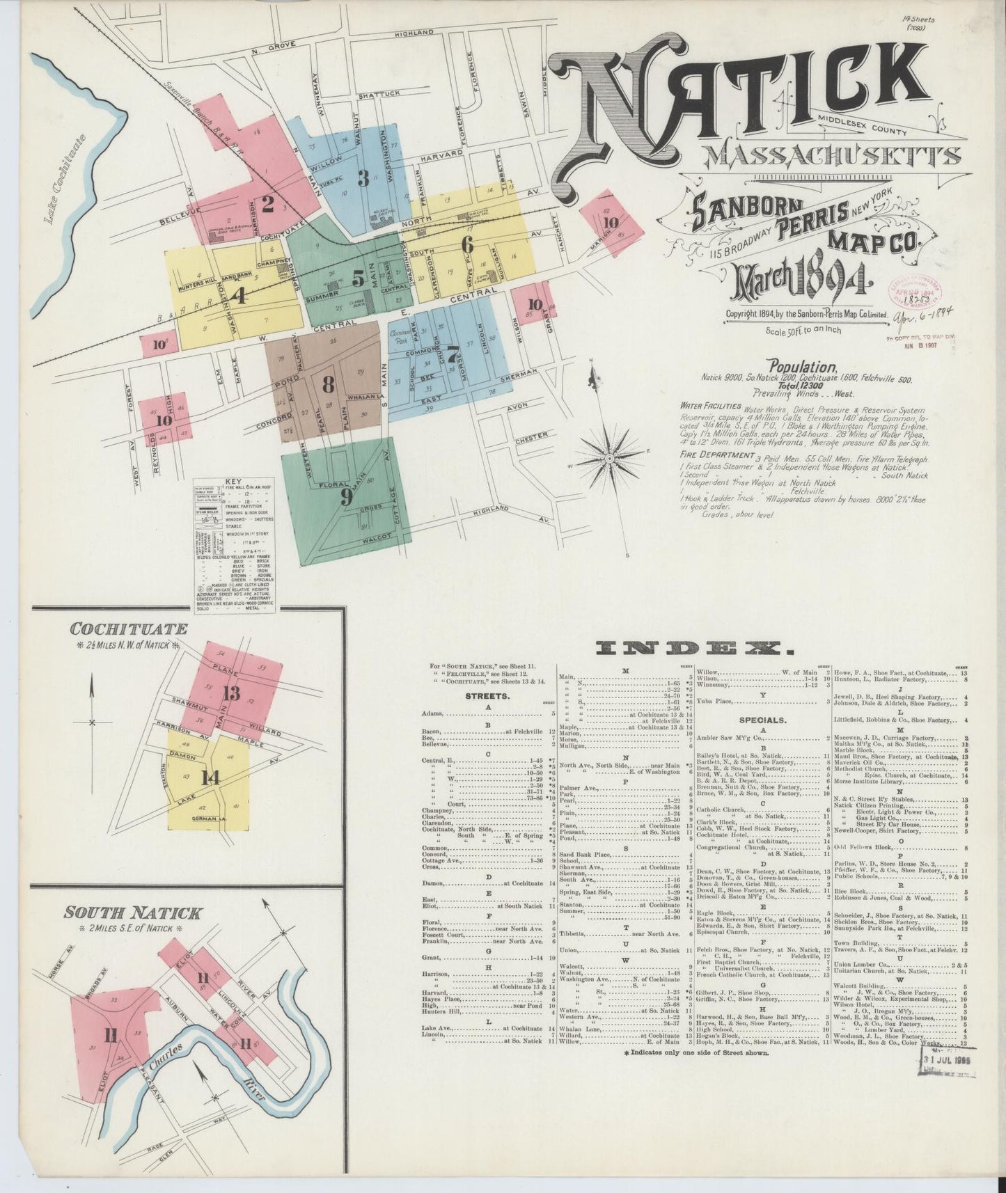 Sanborn Fire Insurance Map from Natick, Middlesex County, Massachusetts (1894), Sheet #0001 - Historic Sanborn Fire Insurance Map Print, vintage old map wall art, antique decor, genealogy gift, Massachusetts Massachusetts map