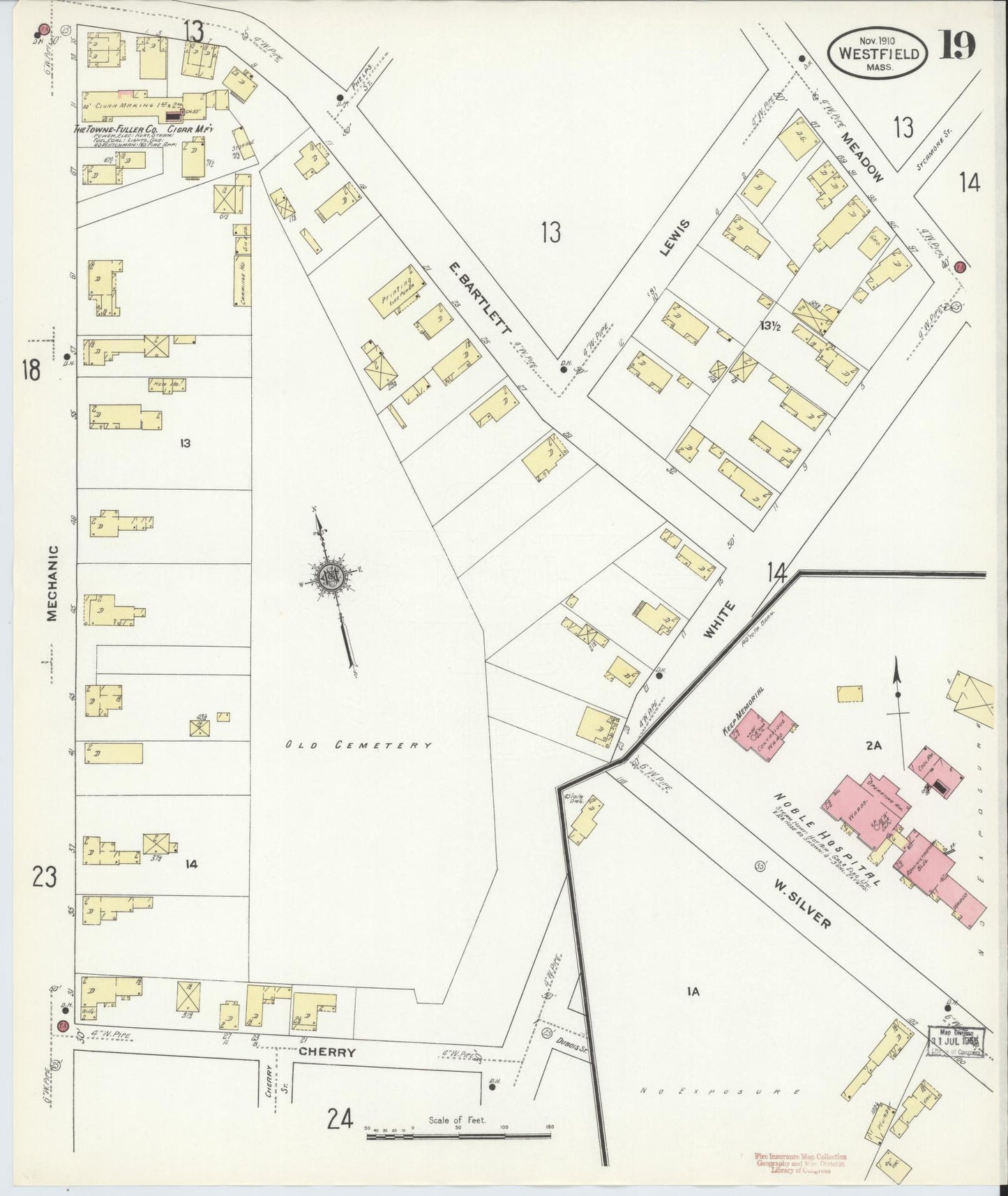 Sanborn Fire Insurance Map from Westfield, Hampden County, Massachusetts (1910), Sheet #0019 - Historic Sanborn Fire Insurance Map Print, vintage old map wall art, antique decor, genealogy gift, Massachusetts Massachusetts map