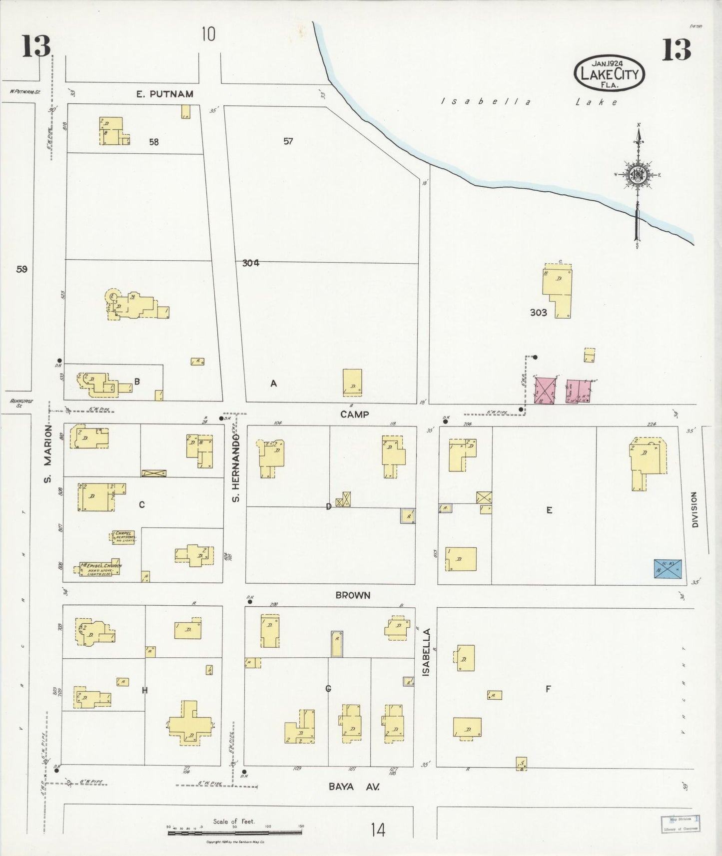 Sanborn Fire Insurance Map from Lake City, Columbia County, Florida (1924), Sheet #0013 - Historic Sanborn Fire Insurance Map Print, vintage old map wall art, antique decor, genealogy gift, Florida Florida map