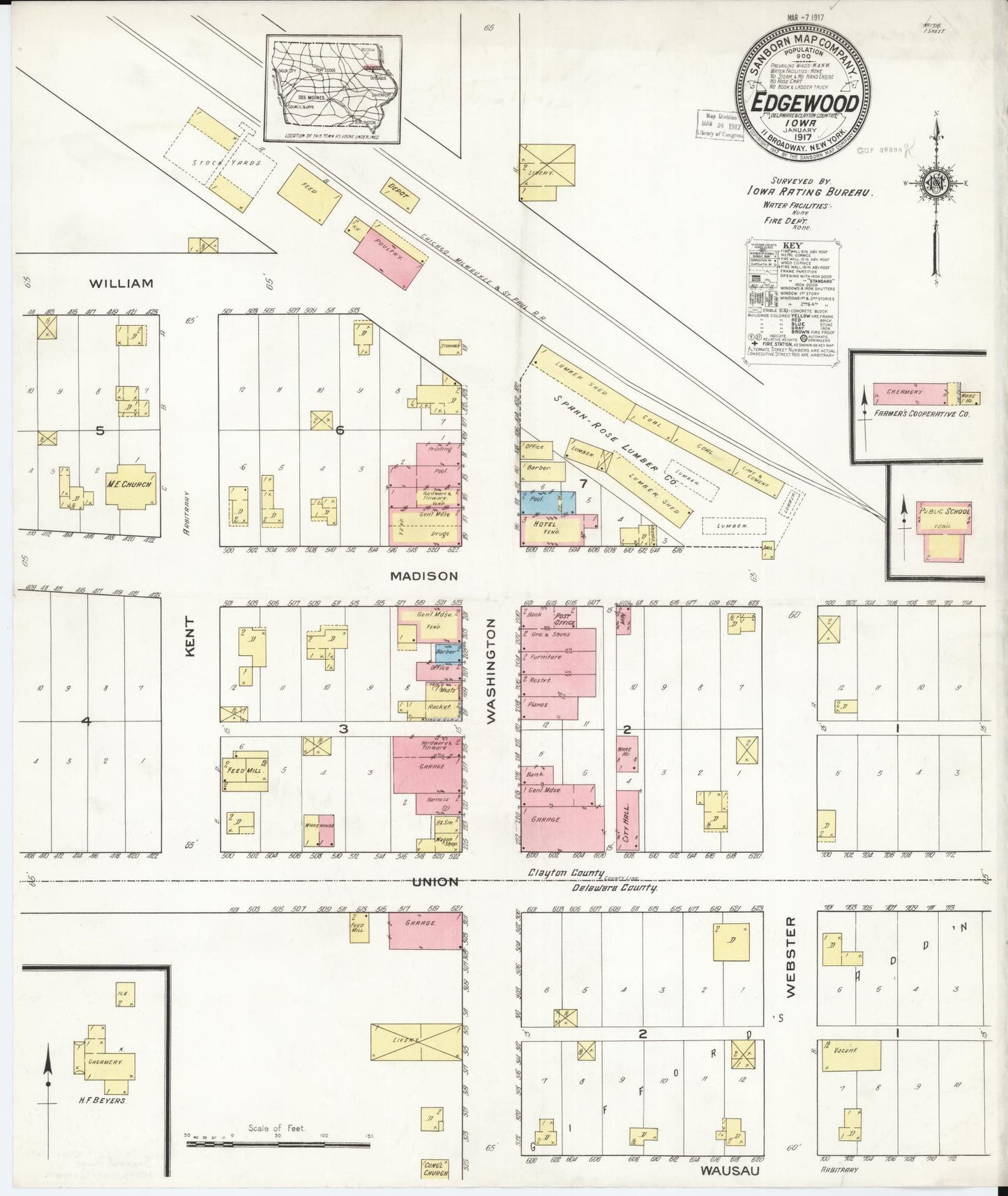 Sanborn Fire Insurance Map from Edgewood, Delaware and Clayton Counties, Iowa (1917), Sheet #0001 - Historic Sanborn Fire Insurance Map Print, vintage old map wall art