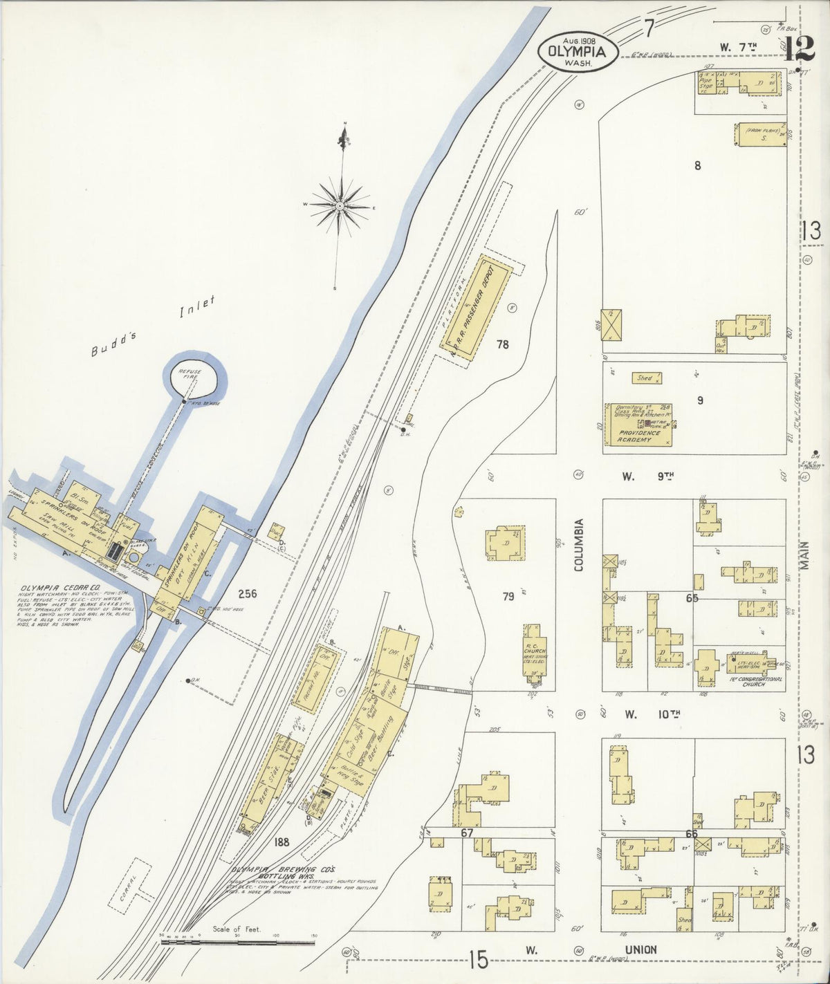 Sanborn Fire Insurance Map from Olympia, Thurston County, Washington (1908), Sheet #0012 - Historic Sanborn Fire Insurance Map Print, vintage old map wall art, antique decor, genealogy gift, Washington Washington map