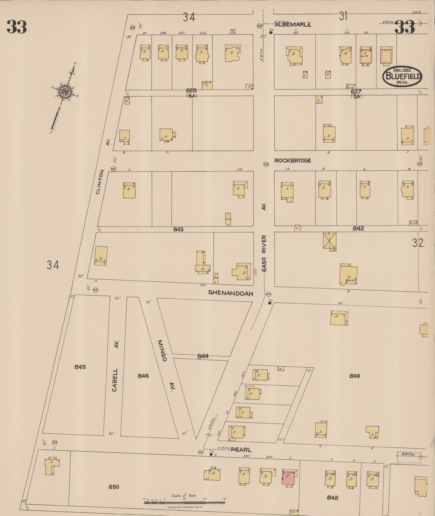 Sanborn Fire Insurance Map from Bluefield, Mercer County, West Virginia (1922), Sheet #0033 - Historic Sanborn Fire Insurance Map Print, vintage old map wall art, antique decor, genealogy gift, West Virginia West Virginia map