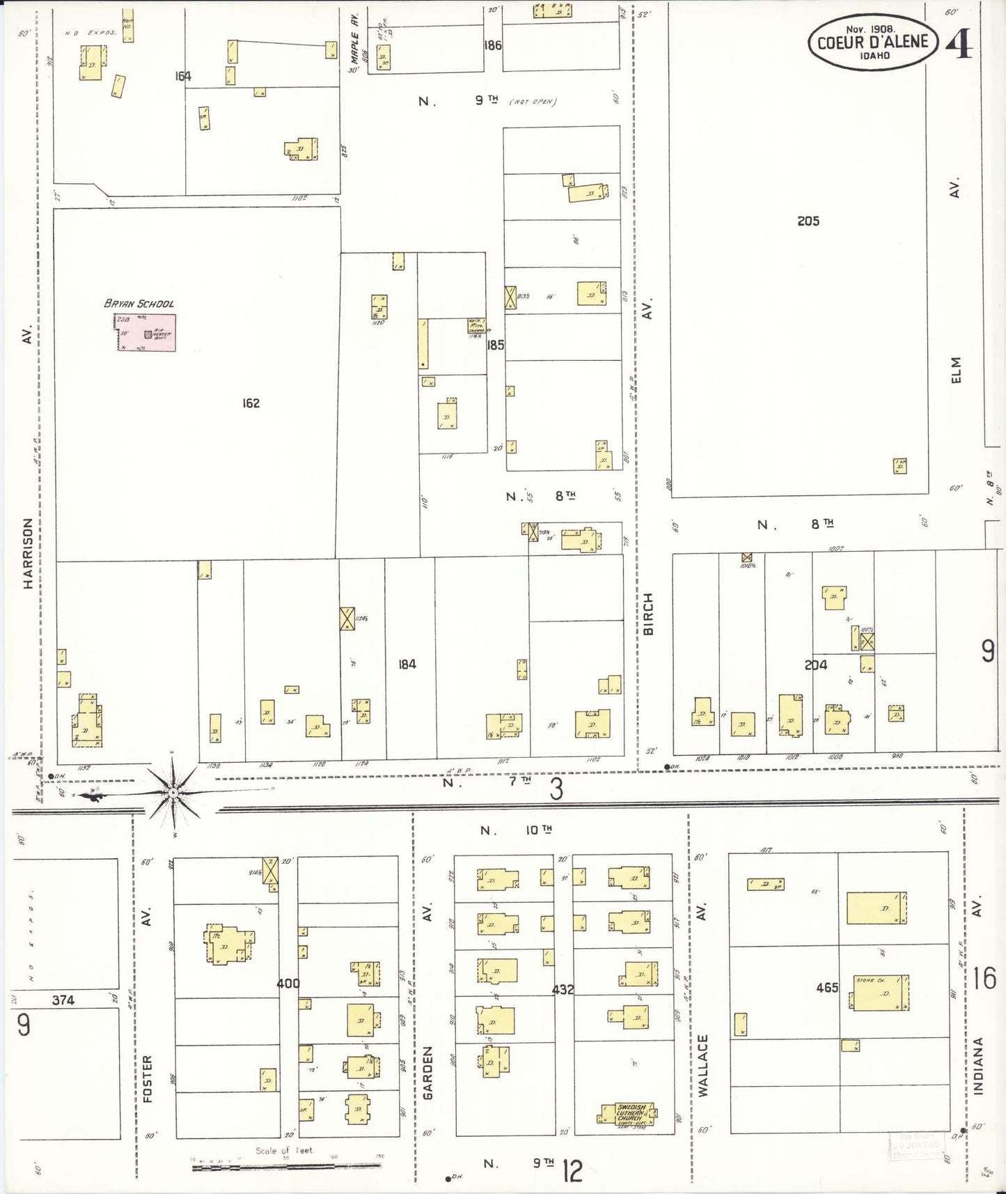 Sanborn Fire Insurance Map from Coeur D'alene, Kootenai County, Idaho (1908), Sheet #0004 - Historic Sanborn Fire Insurance Map Print, vintage old map wall art, antique decor, genealogy gift, Idaho Idaho map