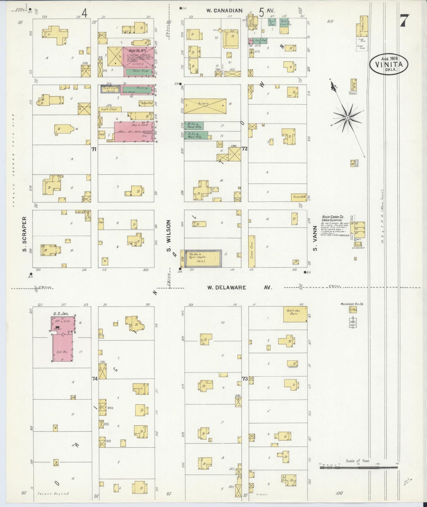 Sanborn Fire Insurance Map from Vinita, Craig County, Oklahoma (1908), Sheet #0007 - Complete Map Set gallery image, historic Sanborn map, vintage wall art, Oklahoma Oklahoma