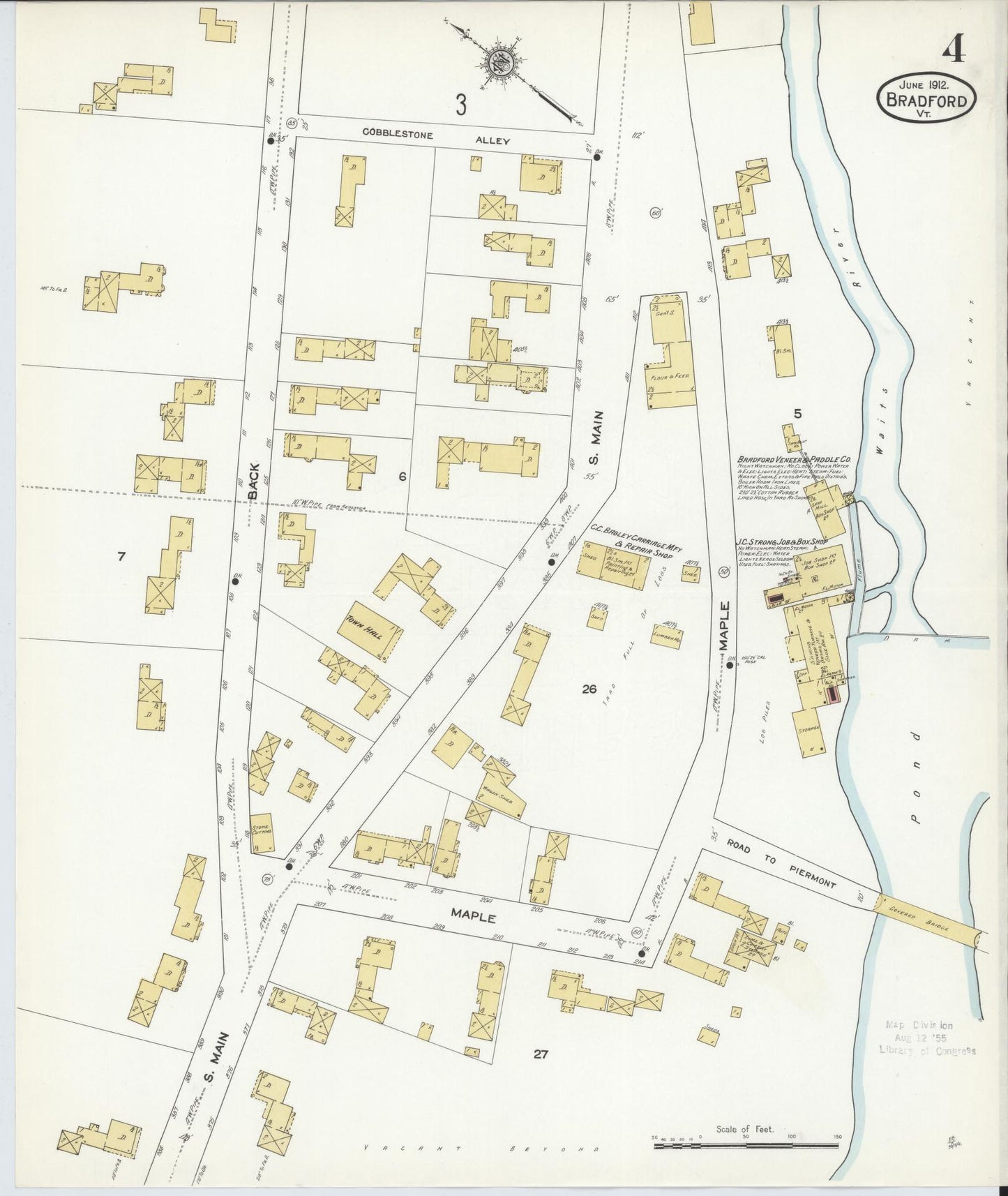 Sanborn Fire Insurance Map from Bradford, Orange County, Vermont (1912), Sheet #0004 - Historic Sanborn Fire Insurance Map Print, vintage old map wall art, antique decor, genealogy gift, Vermont Vermont map