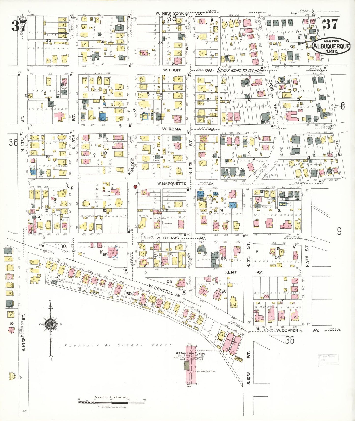 Sanborn Fire Insurance Map from Albuquerque, Bernalillo County, New Mexico (1924), Sheet #0037 - Historic Sanborn Fire Insurance Map Print, vintage old map wall art, antique decor, genealogy gift, New Mexico New Mexico map