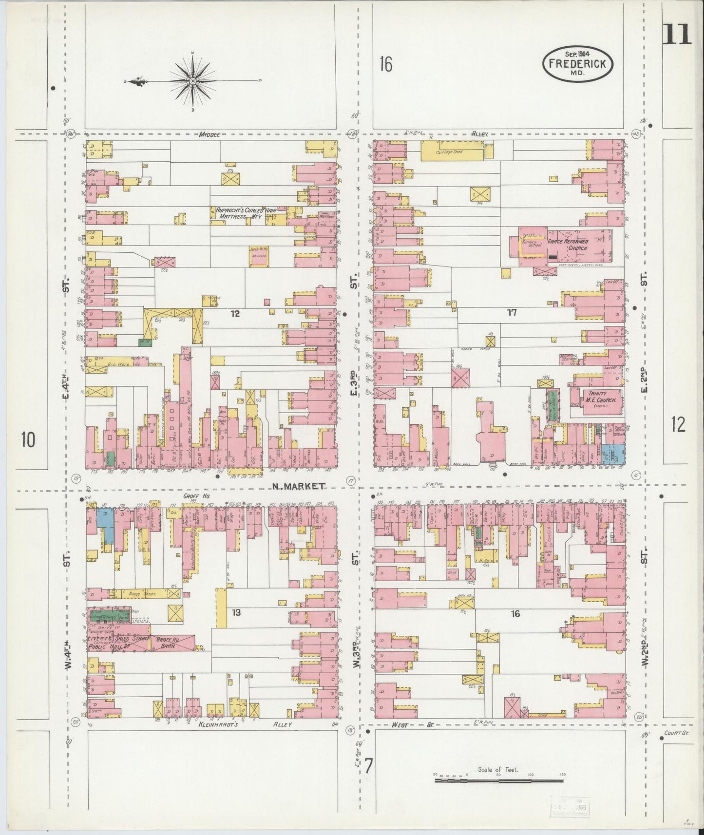 Frederick, Maryland - 1904 - Sanborn Fire Insurance Map, Sheet #0011 - Historic Sanborn Fire Insurance Map Print, Frederick Maryland 1904 0011 vintage old map wall art