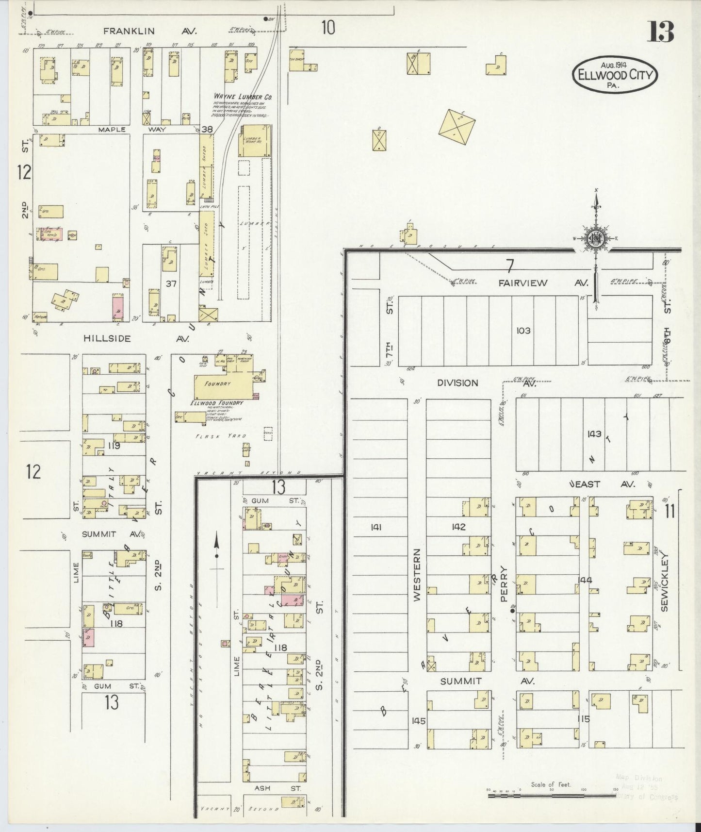 Sanborn Fire Insurance Map from Ellwood City, Lawrence County, Pennsylvania (1914), Sheet #0013 - Historic Sanborn Fire Insurance Map Print, vintage old map wall art, antique decor, genealogy gift, Pennsylvania Pennsylvania map