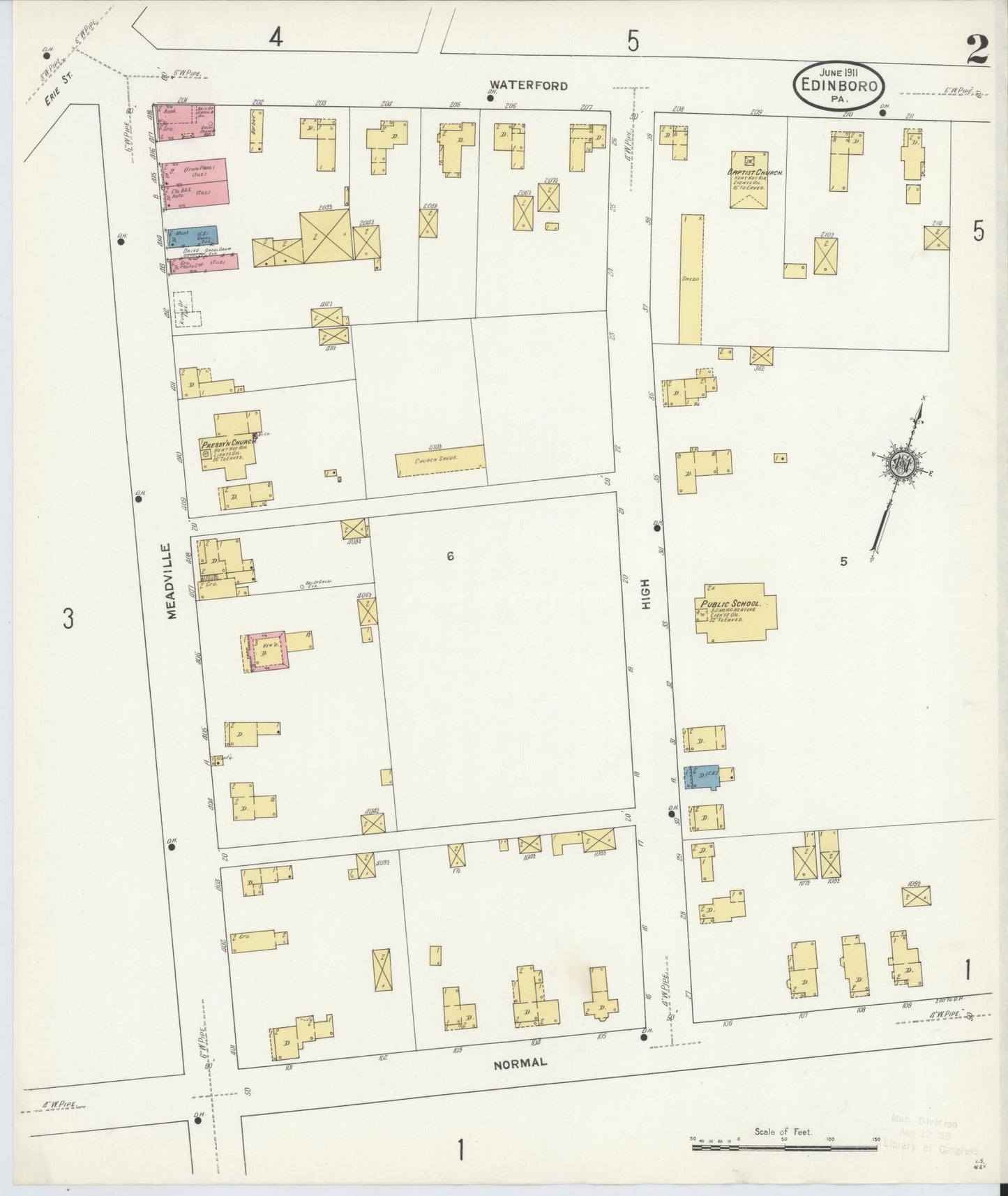 Sanborn Fire Insurance Map from Edinboro, Erie County, Pennsylvania (1911), Sheet #0002 - Historic Sanborn Fire Insurance Map Print, vintage old map wall art, antique decor, genealogy gift, Pennsylvania Pennsylvania map