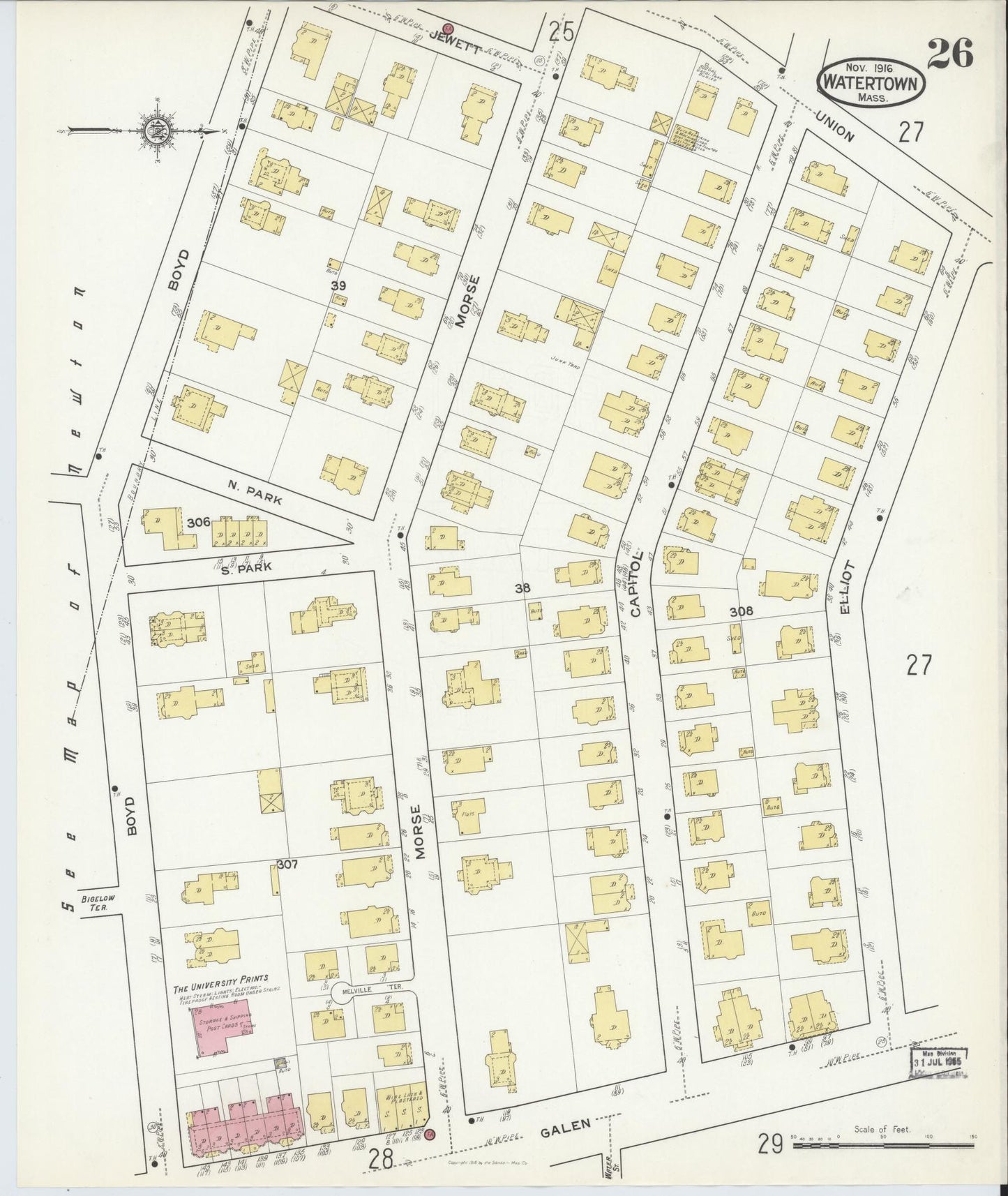 Sanborn Fire Insurance Map from Watertown, Middlesex County, Massachusetts (1916), Sheet #0026 - Historic Sanborn Fire Insurance Map Print, vintage old map wall art, antique decor, genealogy gift, Massachusetts Massachusetts map