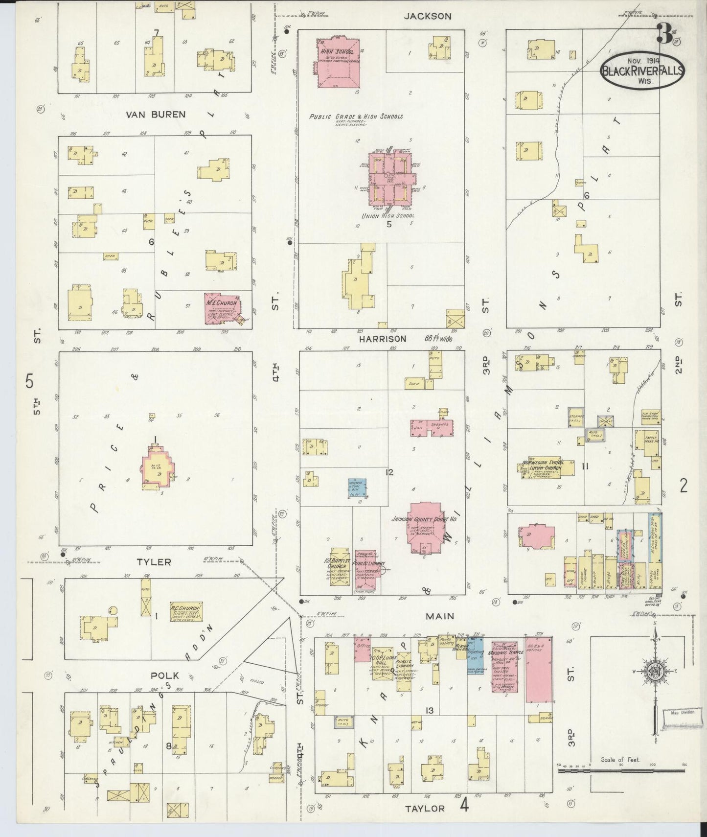 Sanborn Fire Insurance Map from Black River Falls, Jackson County, Wisconsin (1914), Sheet #0003 - Historic Sanborn Fire Insurance Map Print, vintage old map wall art, antique decor, genealogy gift, Wisconsin Wisconsin map