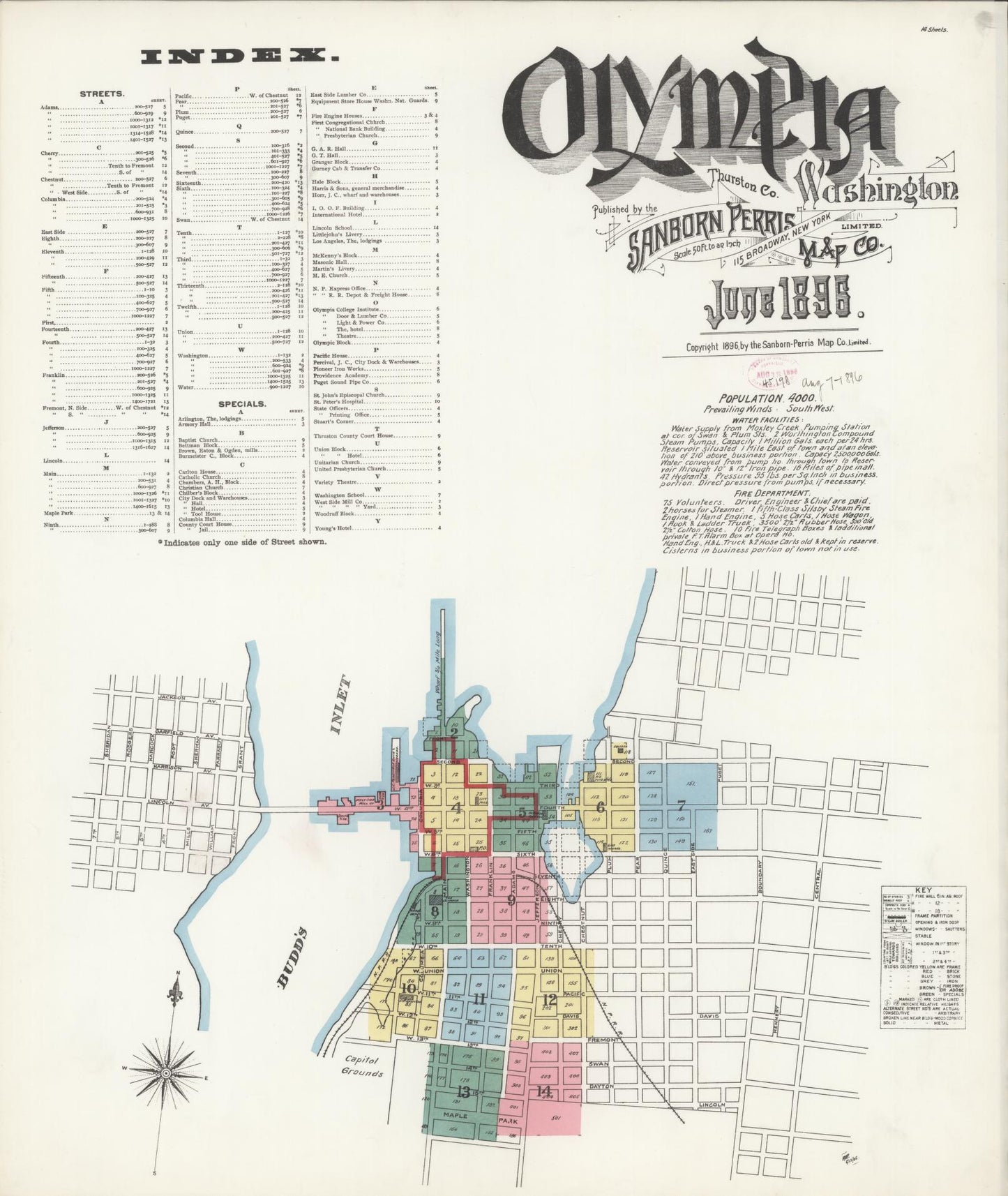 Sanborn Fire Insurance Map from Olympia, Thurston County, Washington (1896), Sheet #0001 - Historic Sanborn Fire Insurance Map Print, vintage old map wall art, antique decor, genealogy gift, Washington Washington map