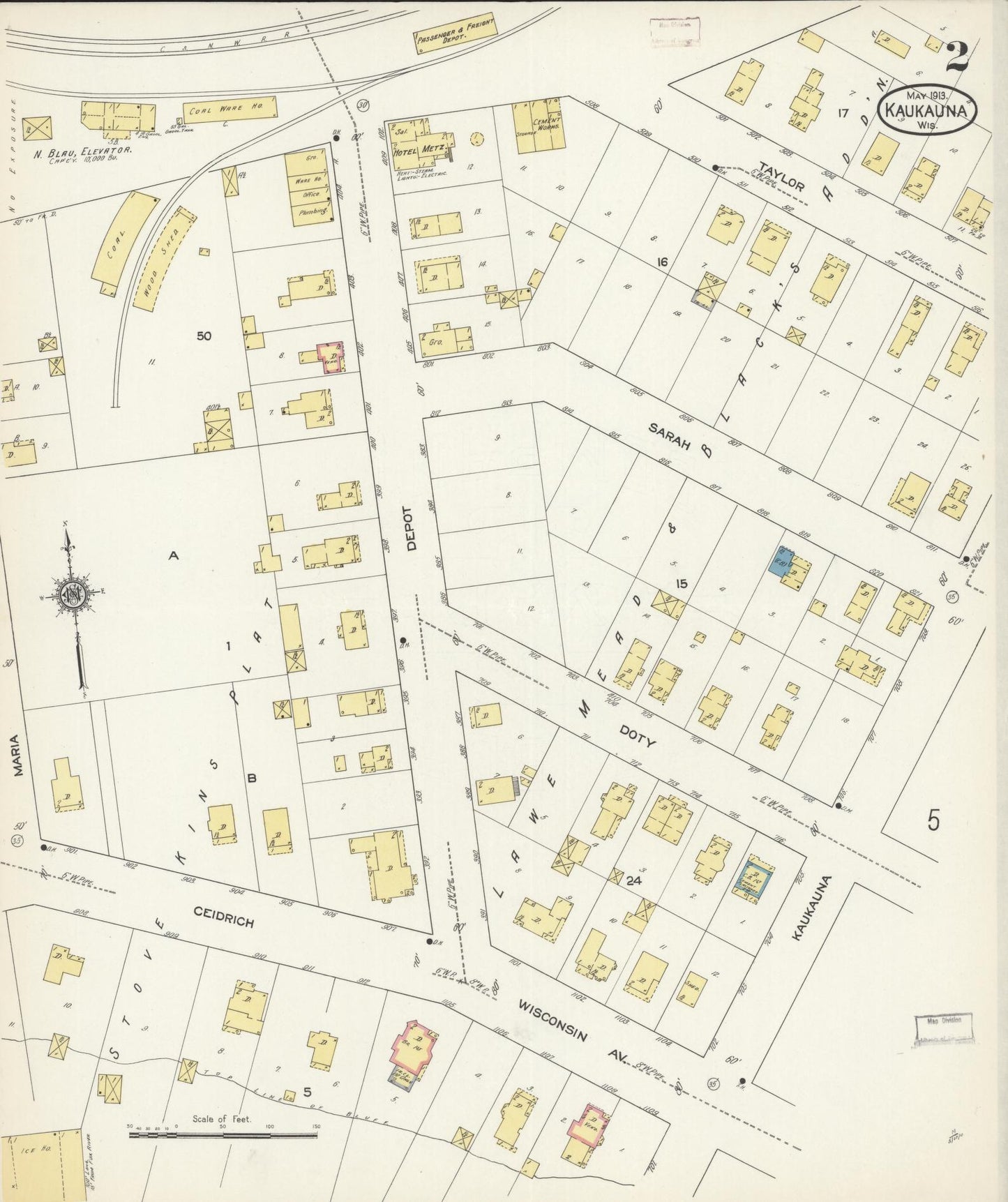 Sanborn Fire Insurance Map from Kaukauna, Outagamie County, Wisconsin (1913), Sheet #0002 - Historic Sanborn Fire Insurance Map Print, vintage old map wall art, antique decor, genealogy gift, Wisconsin Wisconsin map