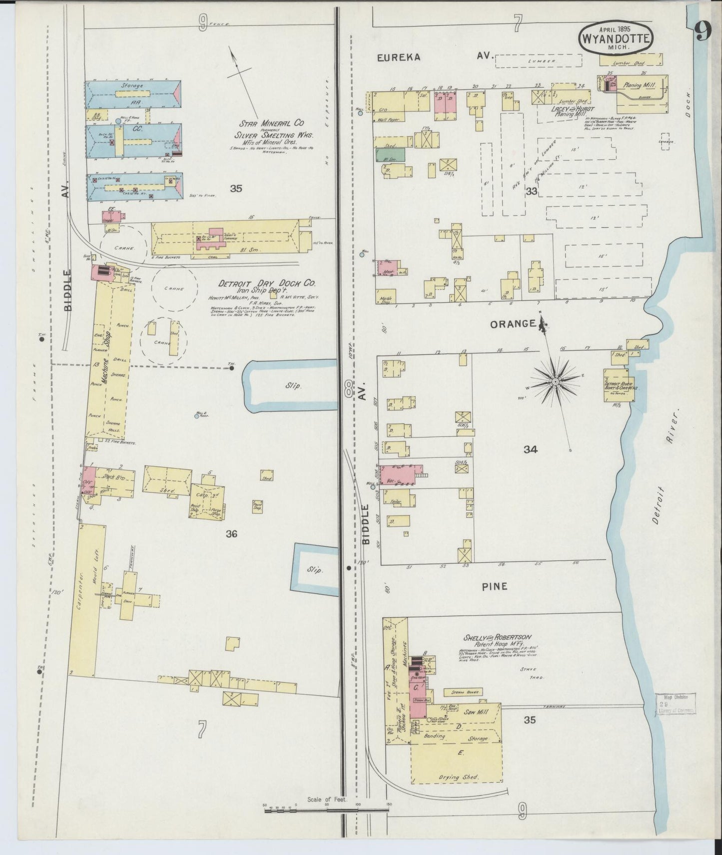 Sanborn Fire Insurance Map from Wyandotte, Wayne County, Michigan (1895), Sheet #0009 - Complete Map Set gallery image, historic Sanborn map, vintage wall art, Michigan Michigan