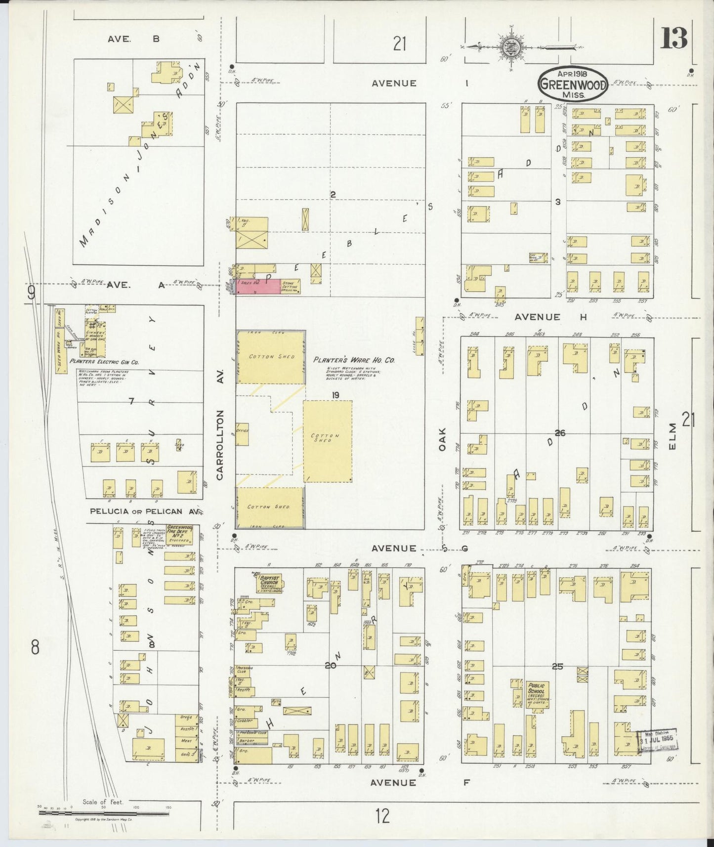 Sanborn Fire Insurance Map from Greenwood, Leflore County, Mississippi (1918), Sheet #0013 - Historic Sanborn Fire Insurance Map Print, vintage old map wall art, antique decor, genealogy gift, Mississippi Mississippi map