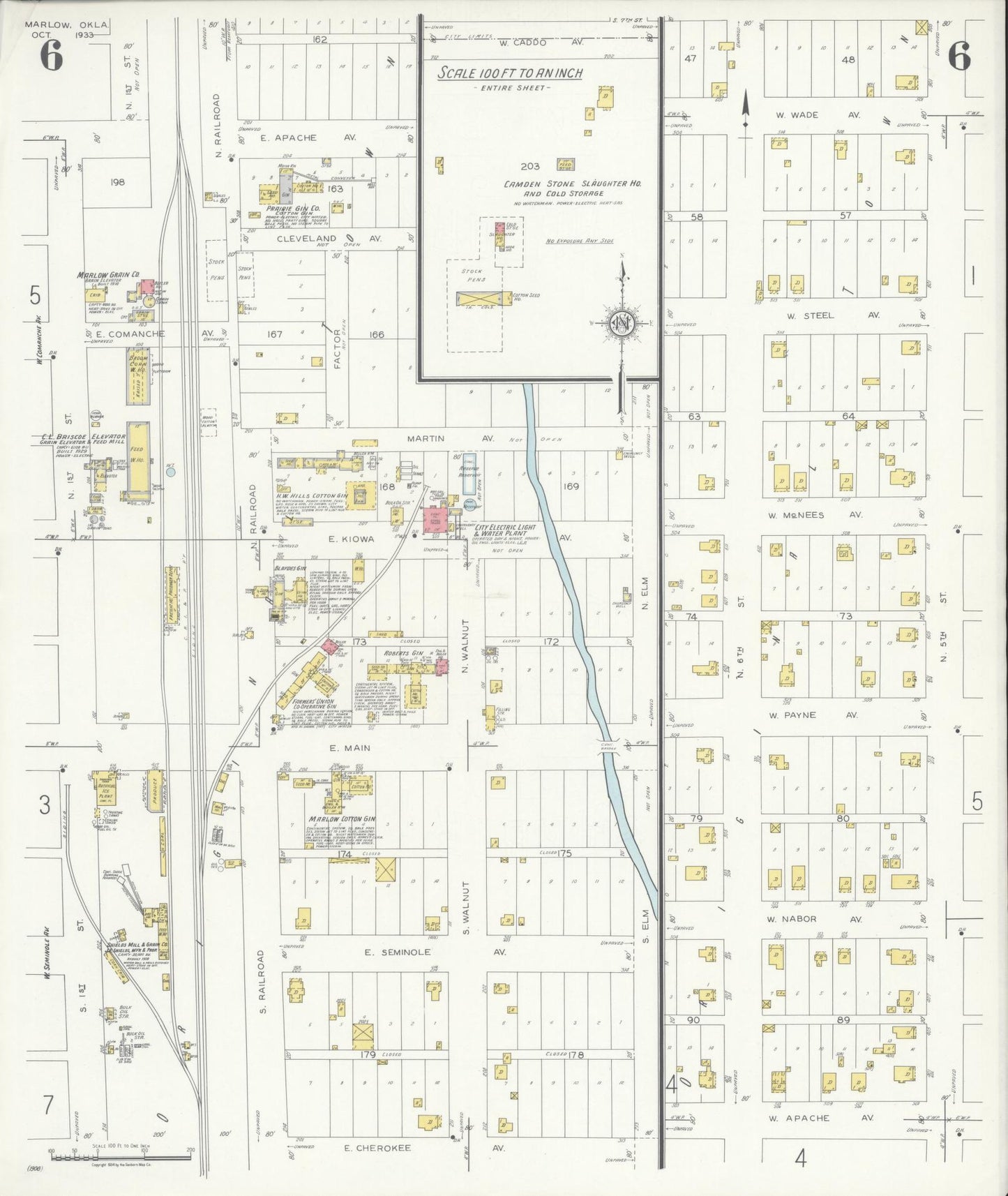 Sanborn Fire Insurance Map from Marlow, Stephens County, Oklahoma (1933), Sheet #0006 - Historic Sanborn Fire Insurance Map Print, vintage old map wall art, antique decor, genealogy gift, Oklahoma Oklahoma map