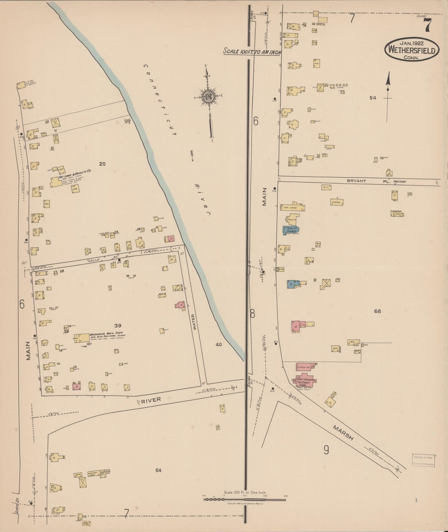 Sanborn Fire Insurance Map from Wethersfield, Hartford County, Connecticut (1922), Sheet #0007 - Historic Sanborn Fire Insurance Map Print, vintage old map wall art, antique decor, genealogy gift, Connecticut Connecticut map