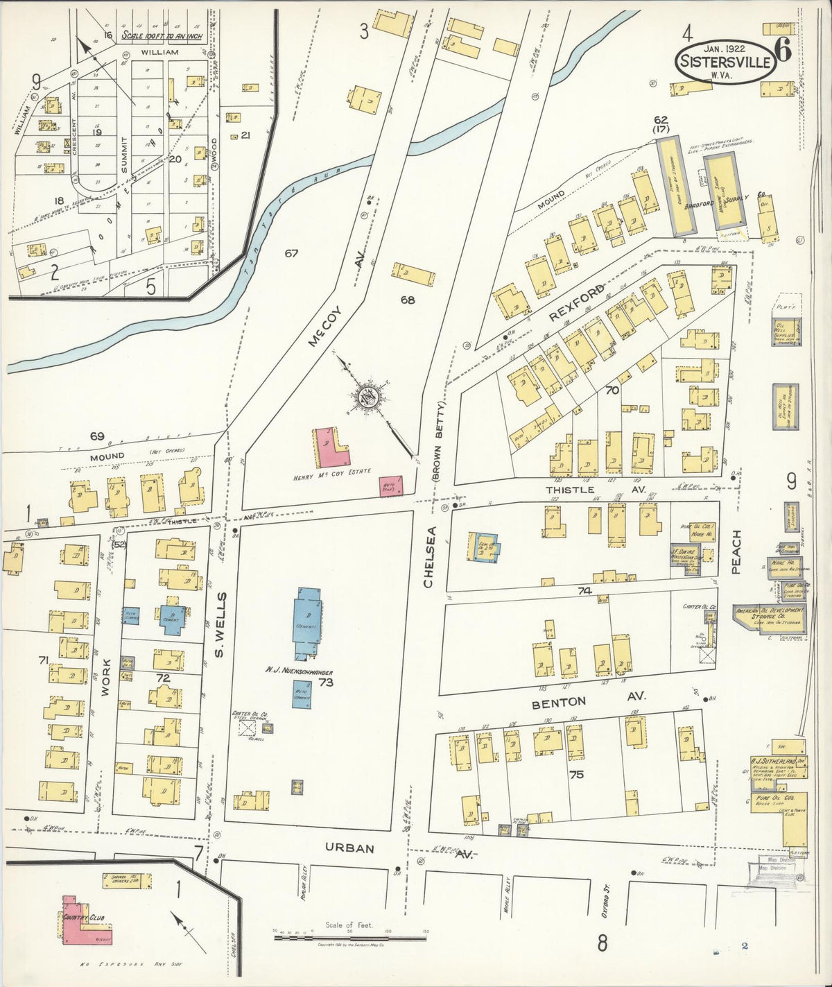 Sanborn Fire Insurance Map from Sistersville, Tyler County, West Virginia (1922), Sheet #0006 - Historic Sanborn Fire Insurance Map Print, vintage old map wall art, antique decor, genealogy gift, West Virginia West Virginia map