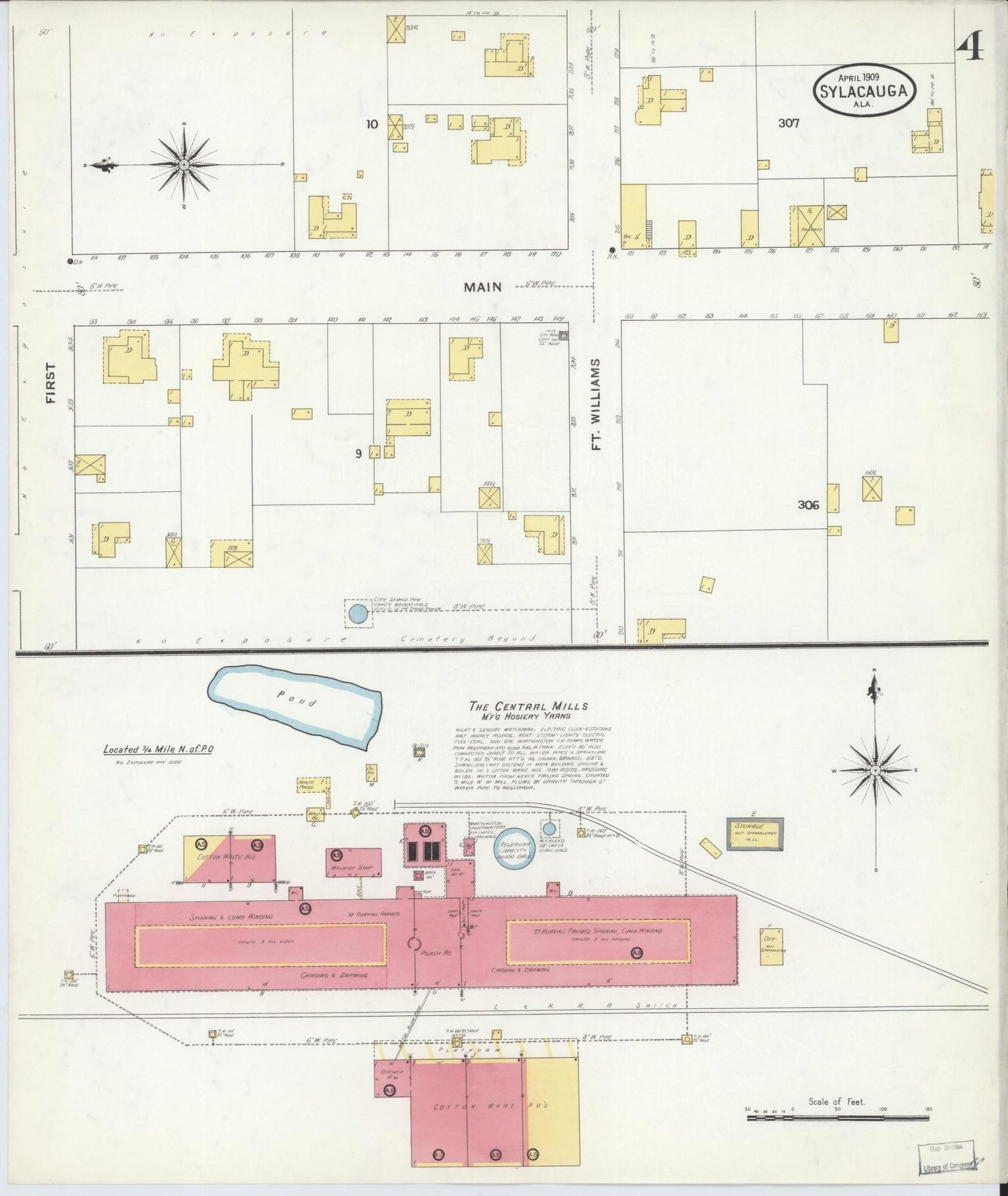 Sanborn Fire Insurance Map from Sylacauga, Talladega County, Alabama (1909), Sheet #0004 - Complete Map Set gallery image, historic Sanborn map, vintage wall art, Alabama Alabama