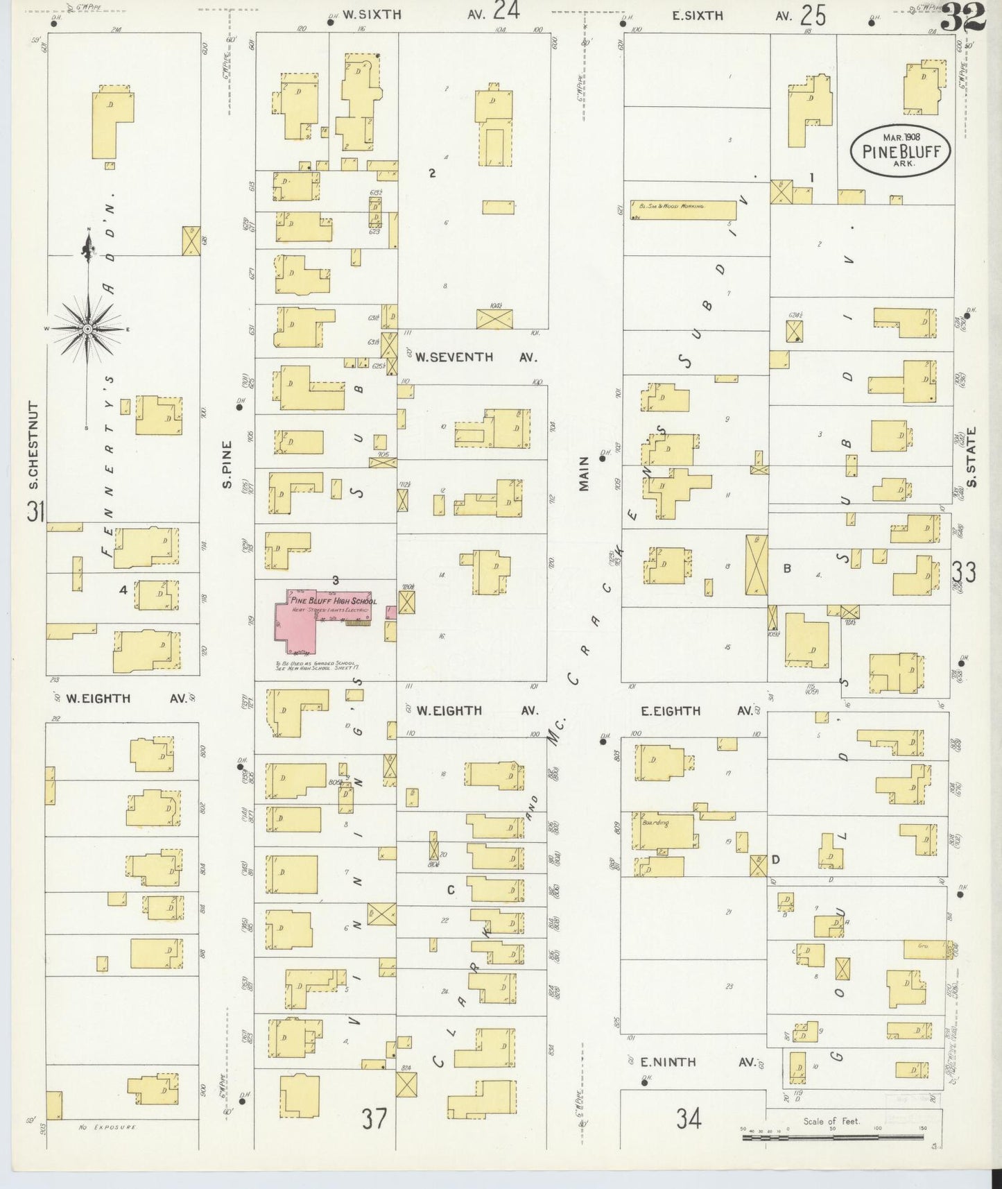 Sanborn Fire Insurance Map from Pine Bluff, Jefferson County, Arkansas (1908), Sheet #0032 - Historic Sanborn Fire Insurance Map Print, vintage old map wall art, antique decor, genealogy gift, Arkansas Arkansas map