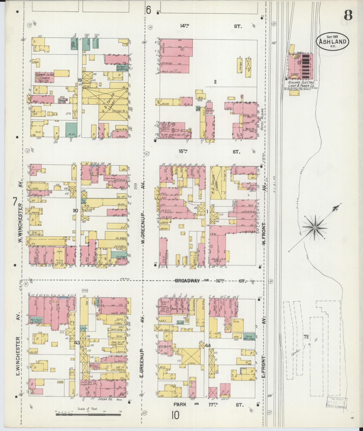 Sanborn Fire Insurance Map from Ashland, Boyd County, Kentucky (1901), Sheet #0008 - Historic Sanborn Fire Insurance Map Print, vintage old map wall art, antique decor, genealogy gift, Kentucky Kentucky map