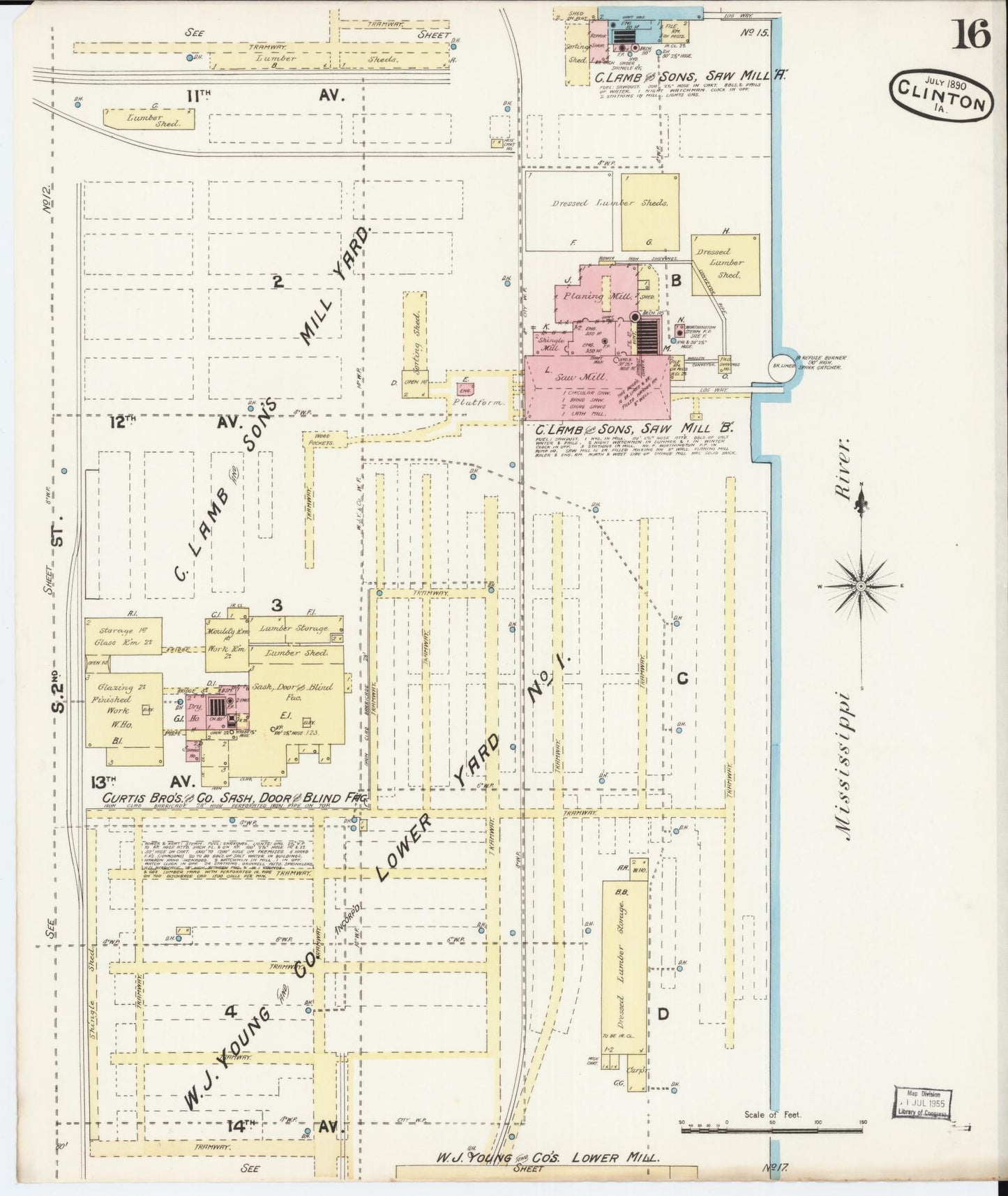 Sanborn Fire Insurance Map from Clinton, Clinton County, Iowa (1890), Sheet #0016 - Historic Sanborn Fire Insurance Map Print, vintage old map wall art