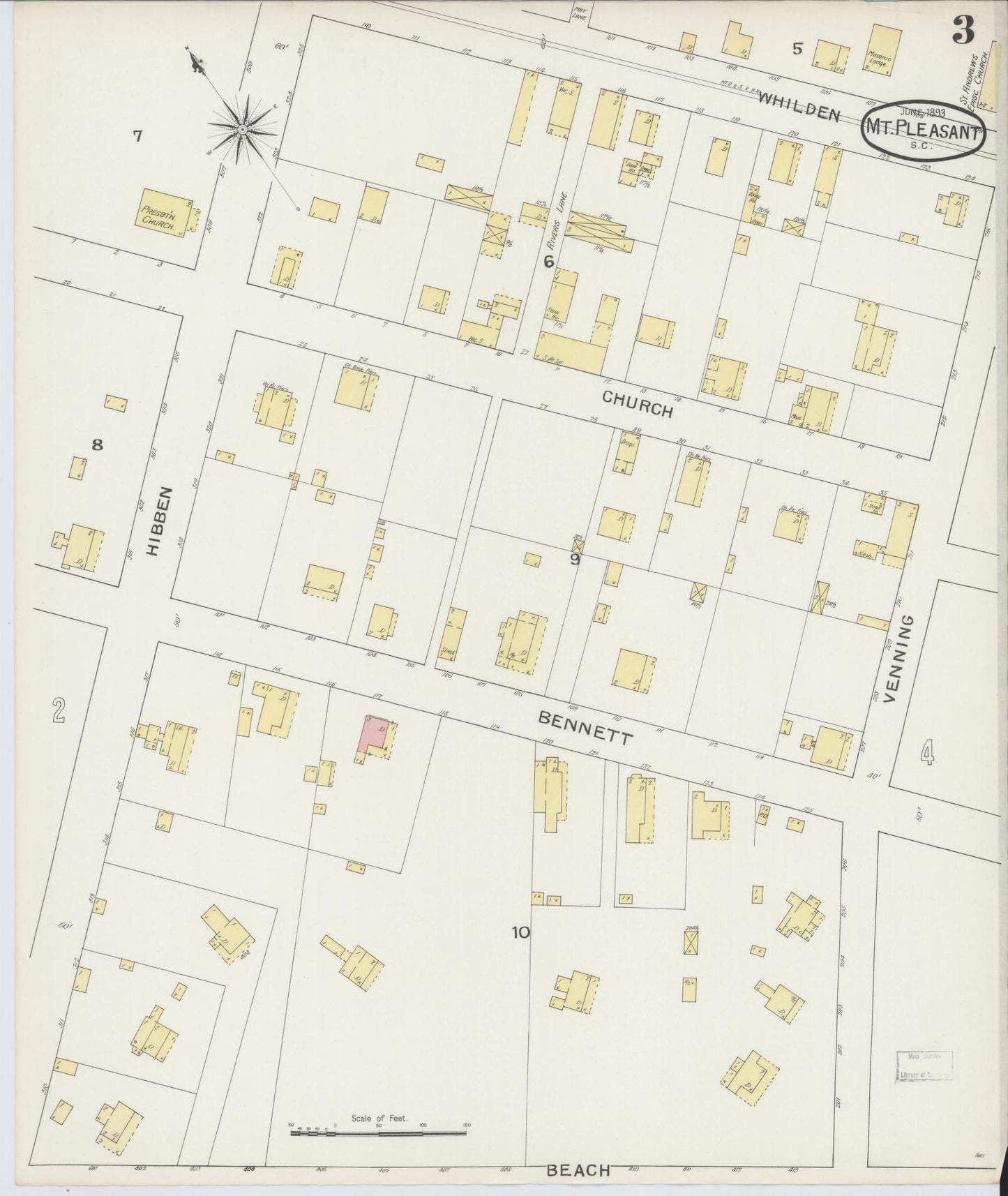 Sanborn Fire Insurance Map from Mount Pleasant, Charleston County, South Carolina (1893), Sheet #0003 - Historic Sanborn Fire Insurance Map Print, vintage old map wall art, antique decor, genealogy gift, South Carolina South Carolina map