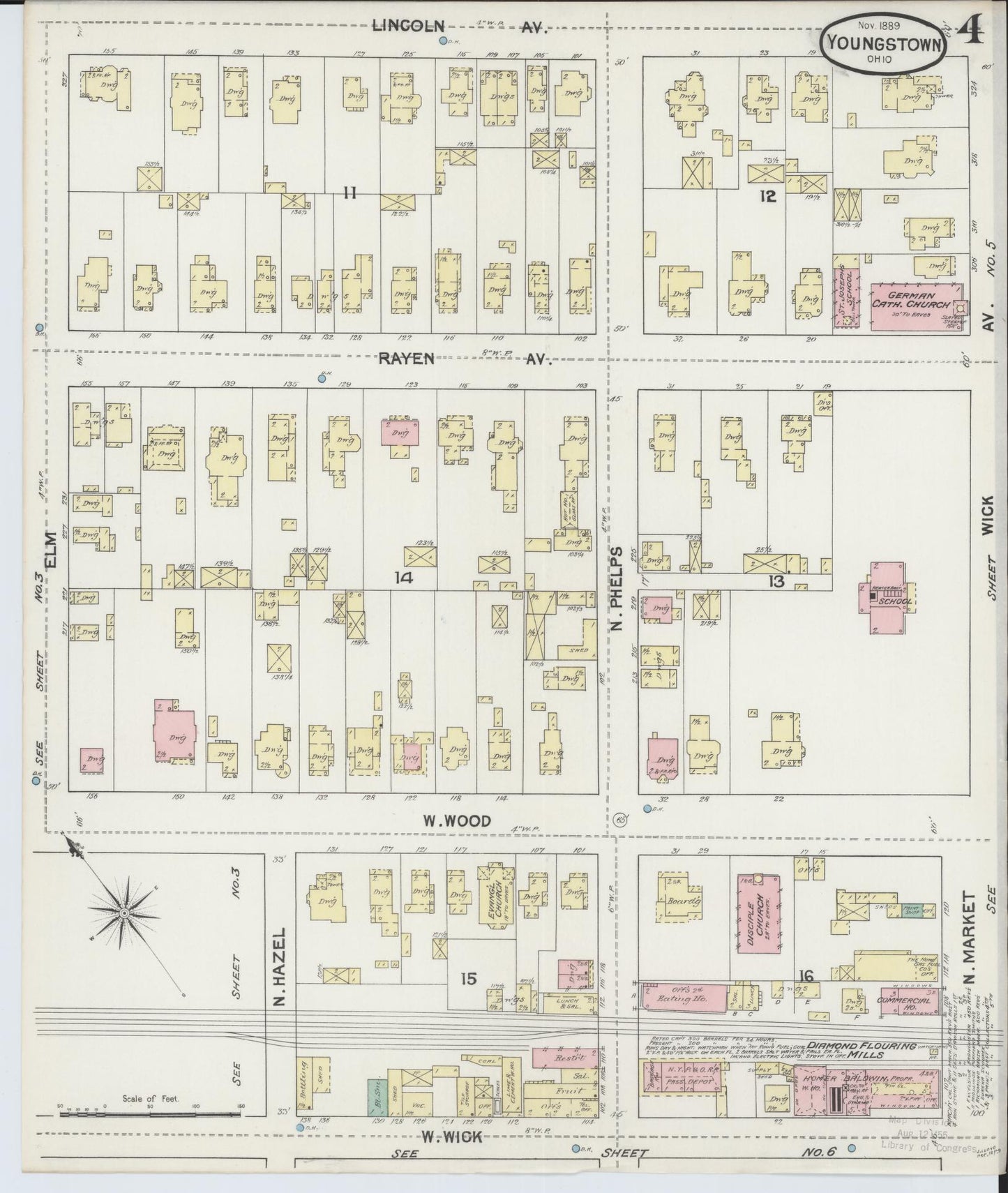 Sanborn Fire Insurance Map from Youngstown, Mahoning County, Ohio (1889), Sheet #0004 - Historic Sanborn Fire Insurance Map Print, vintage old map wall art, antique decor, genealogy gift, Ohio Ohio map