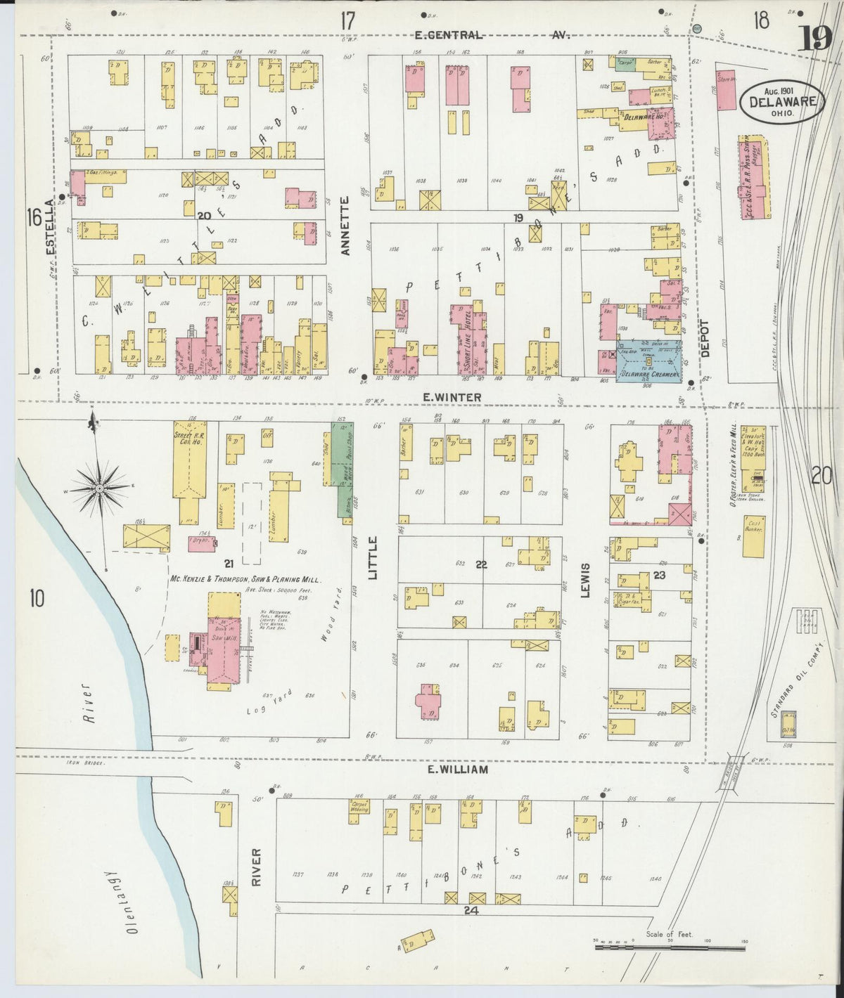 Sanborn Fire Insurance Map from Delaware, Delaware County, Ohio (1901), Sheet #0019 - Historic Sanborn Fire Insurance Map Print, vintage old map wall art, antique decor, genealogy gift, Sanborn Fire Insurance Map from Delaware Delaware map