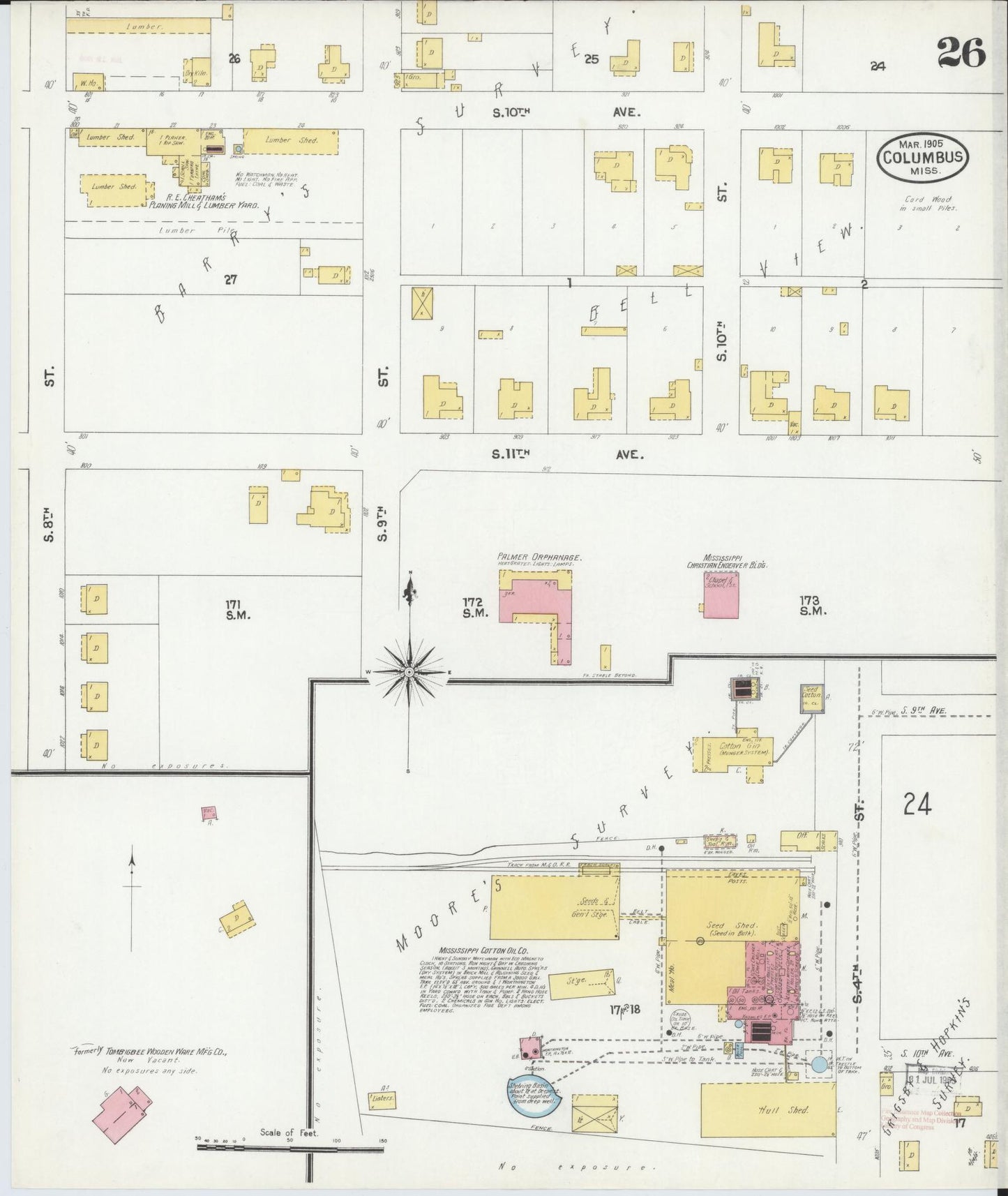 Sanborn Fire Insurance Map from Columbus, Lowndes County, Mississippi (1905), Sheet #0026 - Historic Sanborn Fire Insurance Map Print, vintage old map wall art, antique decor, genealogy gift, Mississippi Mississippi map