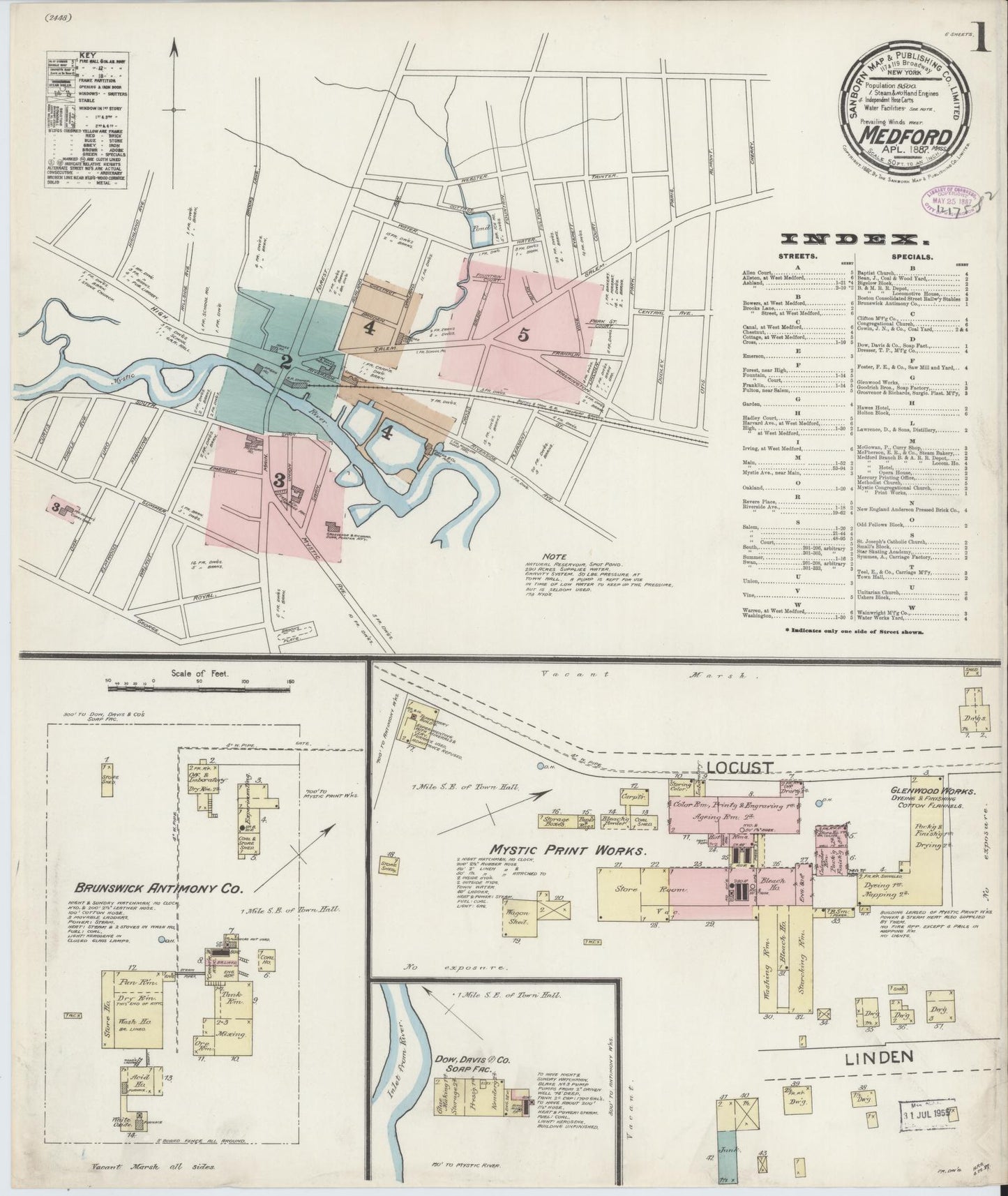 Sanborn Fire Insurance Map from Medford, Middlesex County, Massachusetts (1887), Sheet #0001 - Historic Sanborn Fire Insurance Map Print, vintage old map wall art, antique decor, genealogy gift, Massachusetts Massachusetts map