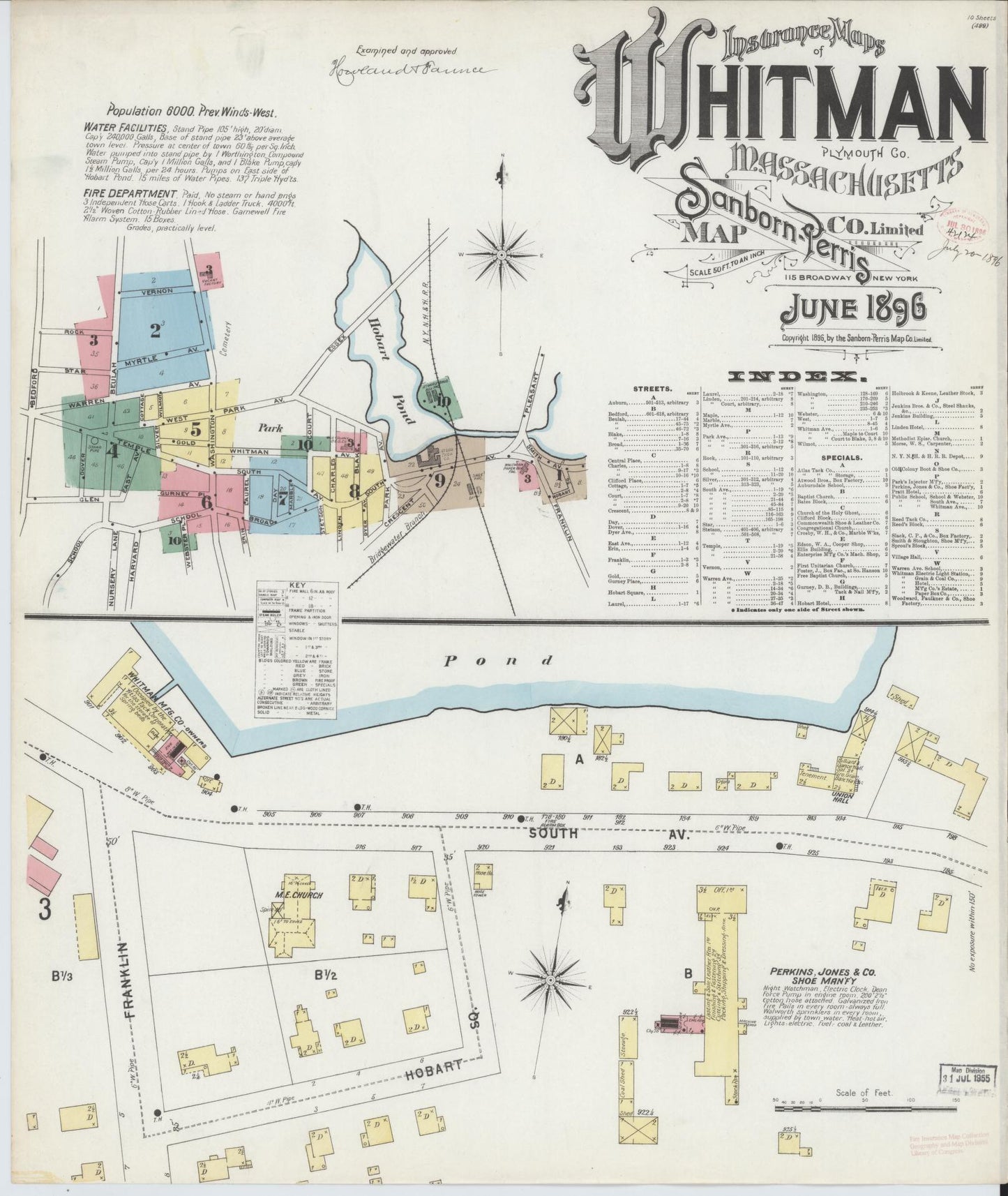 Sanborn Fire Insurance Map from Whitman, Plymouth County, Massachusetts (1896), Sheet #0001 - Historic Sanborn Fire Insurance Map Print, vintage old map wall art, antique decor, genealogy gift, Massachusetts Massachusetts map