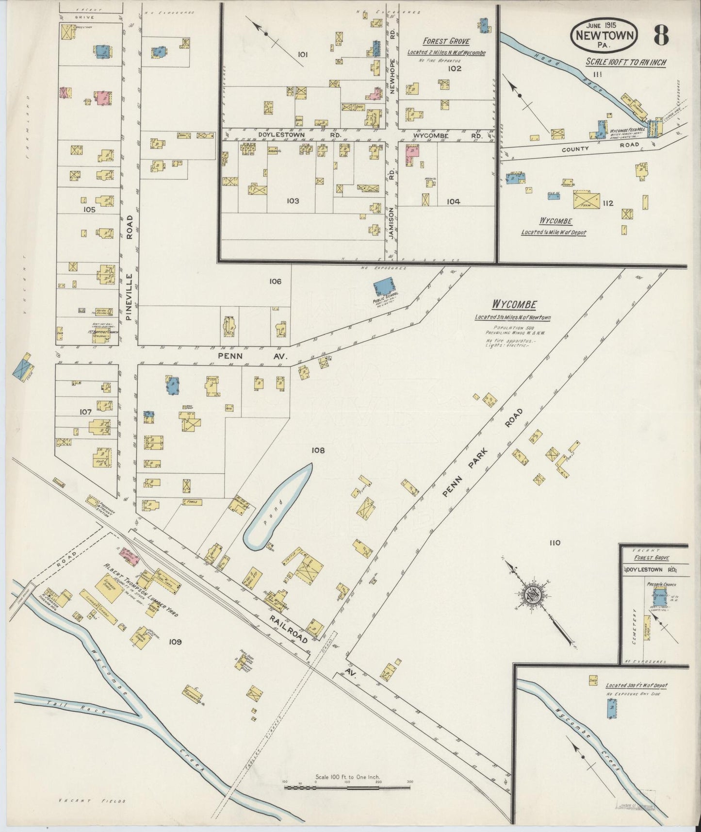 Sanborn Fire Insurance Map from Newtown, Bucks County, Pennsylvania (1915), Sheet #0008 - Complete Map Set gallery image, historic Sanborn map, vintage wall art, Pennsylvania Pennsylvania