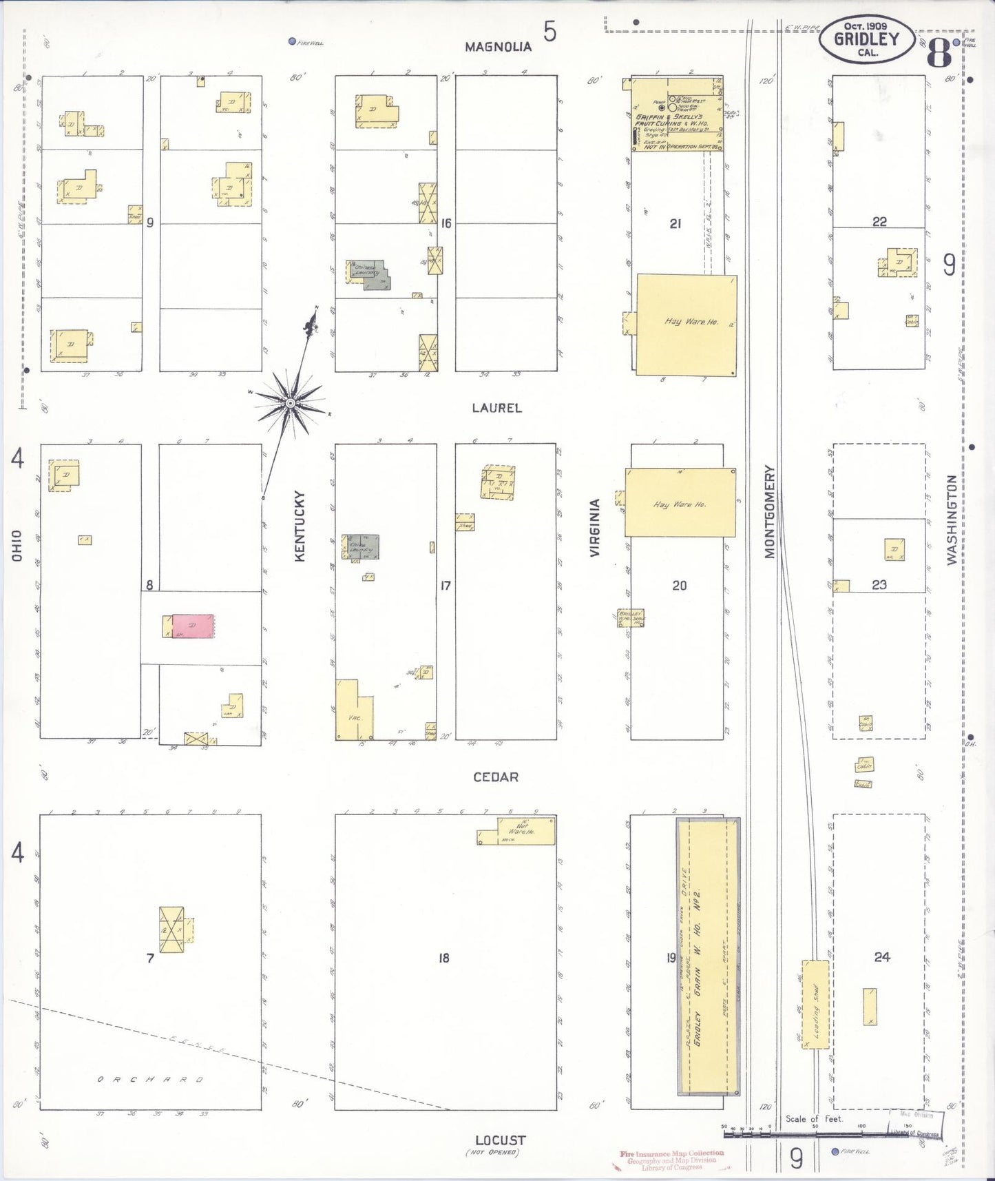 Sanborn Fire Insurance Map from Gridley, Butte County, California (1909), Sheet #0008 - Historic Sanborn Fire Insurance Map Print, vintage old map wall art, antique decor, genealogy gift, California California map