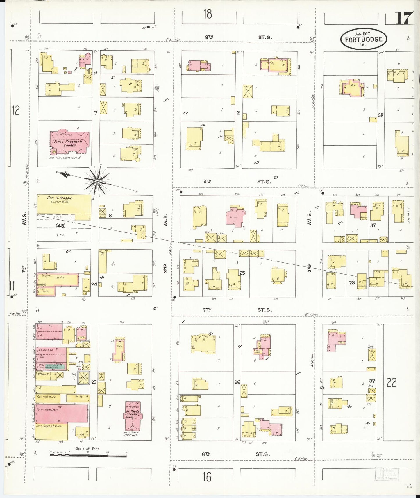Sanborn Fire Insurance Map from Fort Dodge, Webster County, Iowa (1907), Sheet #0017 - Historic Sanborn Fire Insurance Map Print, vintage old map wall art